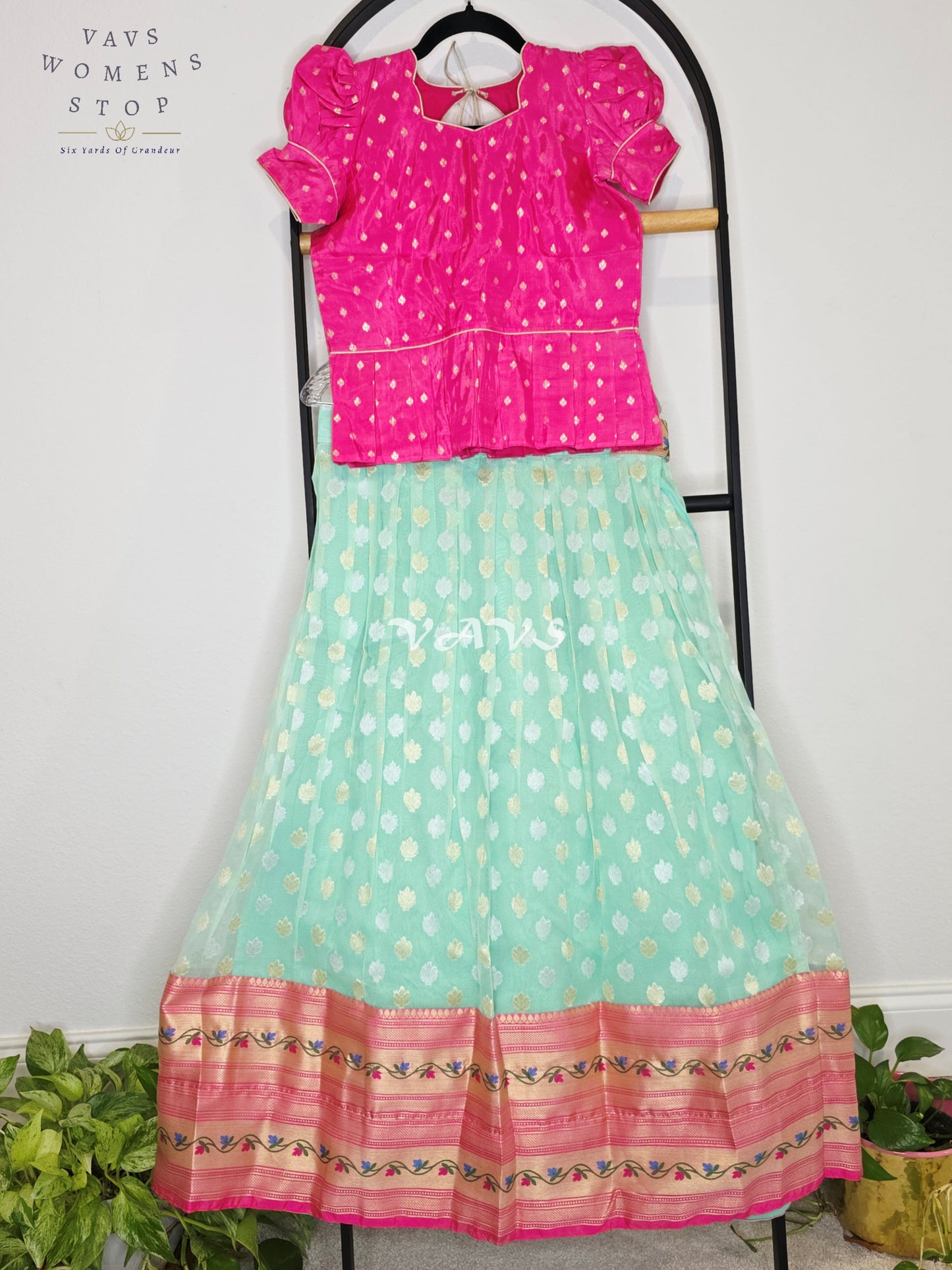 Royal Aqua Mint Organza Butta Lehenga with Rose Pink Paithani Border & Rani Pink Benarasi Puff Sleeve Blouse | Girls 10–11 Years