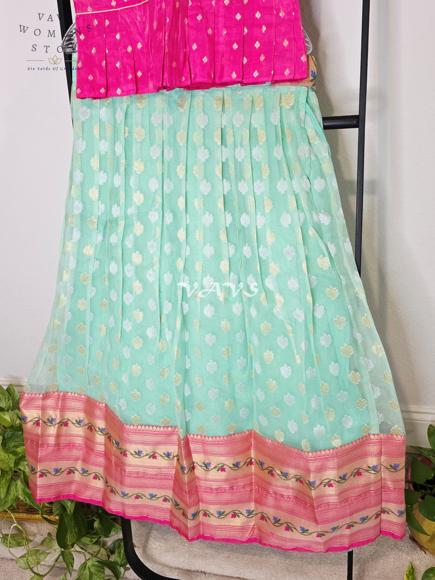 Royal Aqua Mint Organza Butta Lehenga with Rose Pink Paithani Border & Rani Pink Benarasi Puff Sleeve Blouse | Girls 10–11 Years