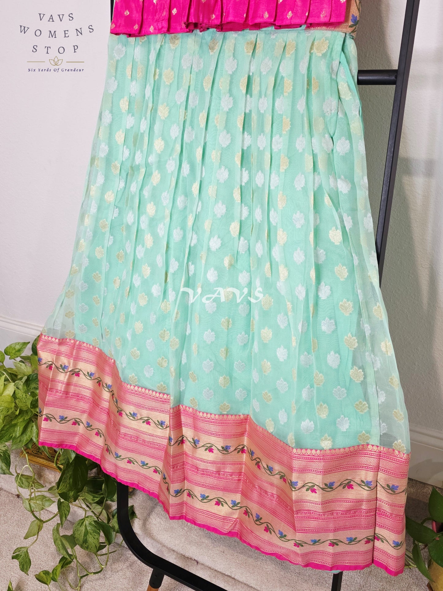 Royal Aqua Mint Organza Butta Lehenga with Rose Pink Paithani Border & Rani Pink Benarasi Puff Sleeve Blouse | Girls 10–11 Years