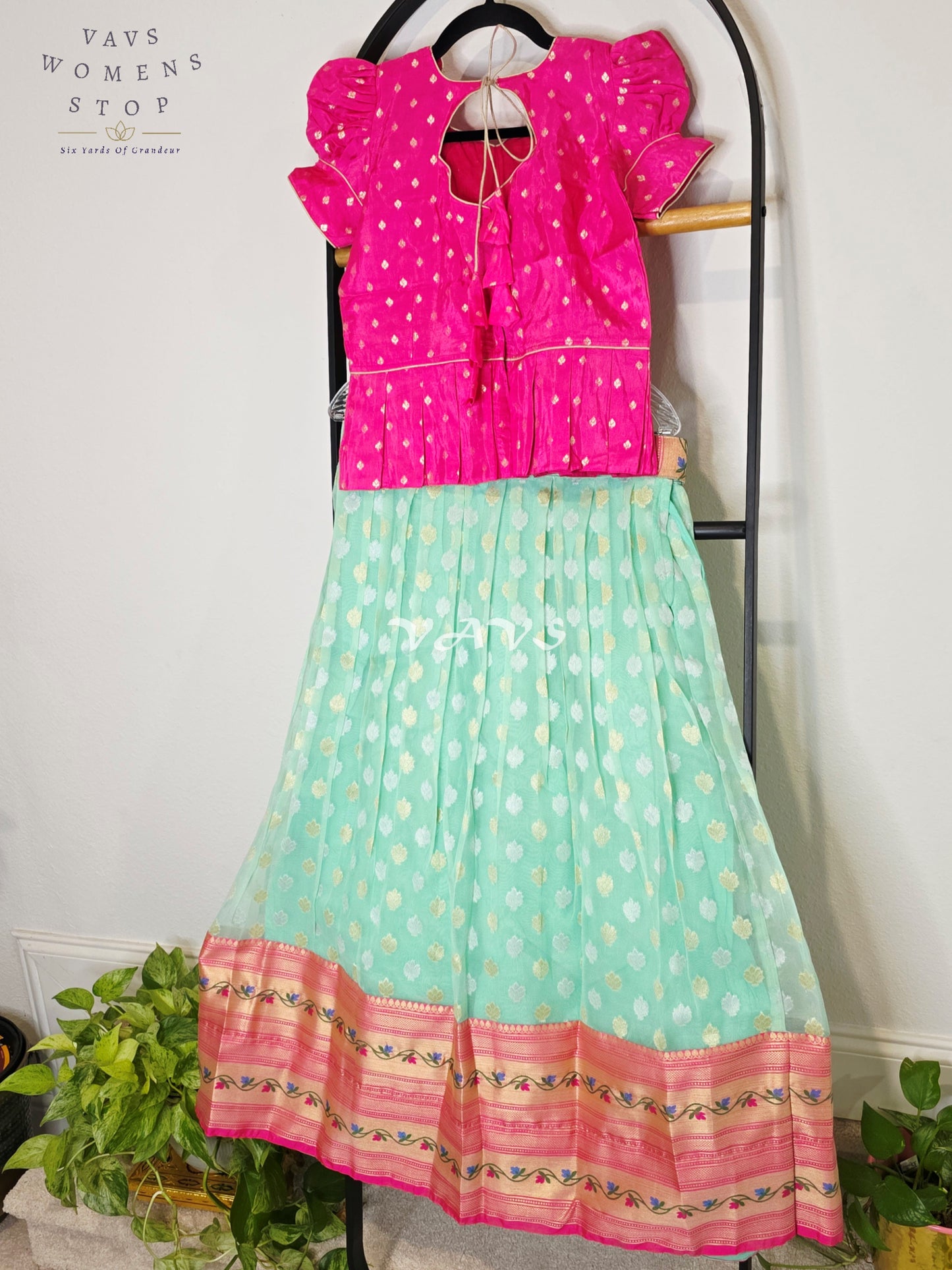 Royal Aqua Mint Organza Butta Lehenga with Rose Pink Paithani Border & Rani Pink Benarasi Puff Sleeve Blouse | Girls 10–11 Years