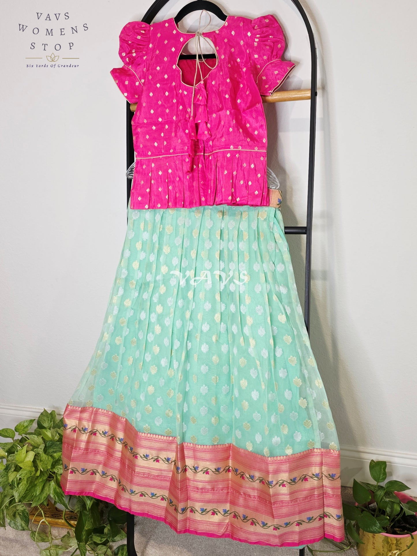 Royal Aqua Mint Organza Butta Lehenga with Rose Pink Paithani Border & Rani Pink Benarasi Puff Sleeve Blouse | Girls 10–11 Years