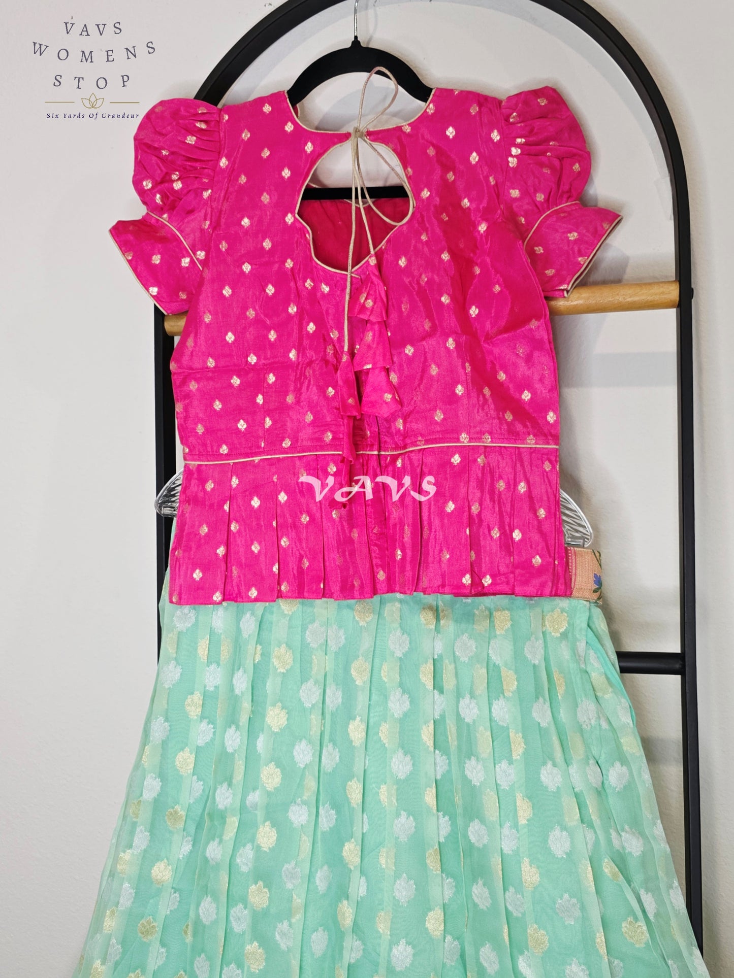Royal Aqua Mint Organza Butta Lehenga with Rose Pink Paithani Border & Rani Pink Benarasi Puff Sleeve Blouse | Girls 10–11 Years
