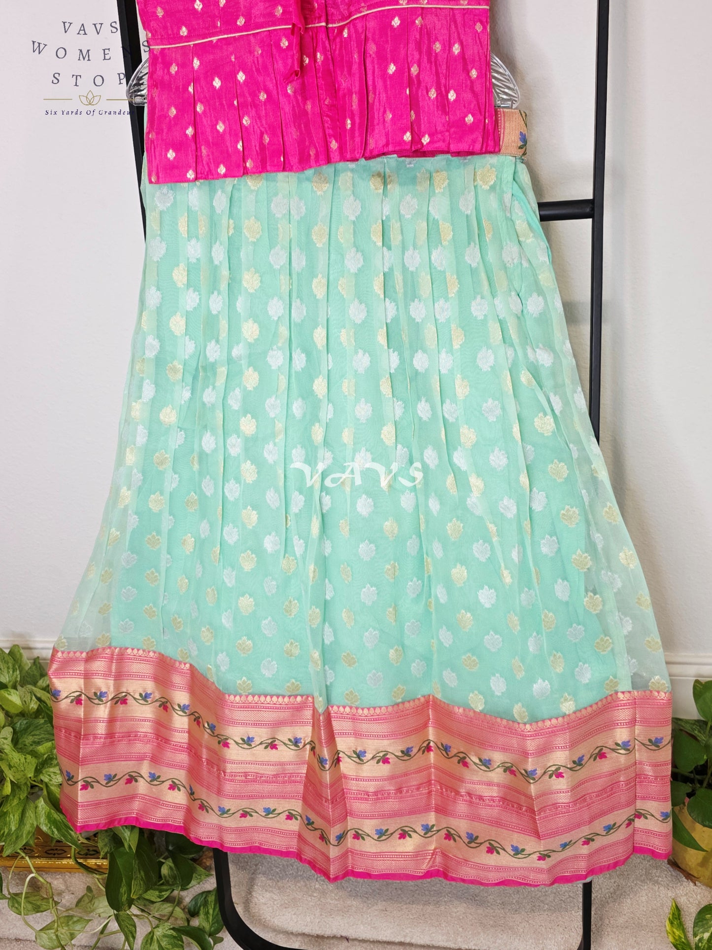 Royal Aqua Mint Organza Butta Lehenga with Rose Pink Paithani Border & Rani Pink Benarasi Puff Sleeve Blouse | Girls 10–11 Years