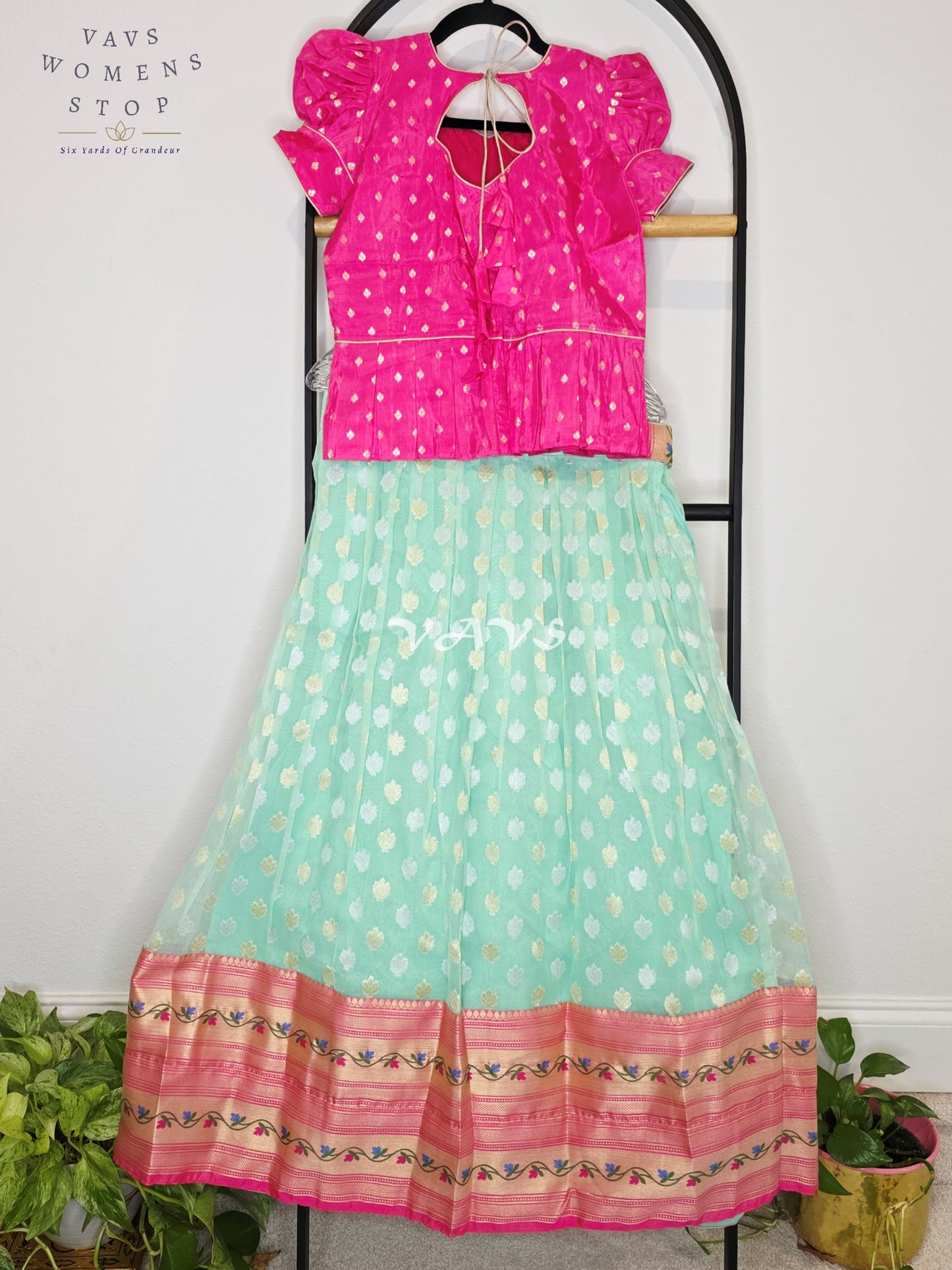 Royal Aqua Mint Organza Butta Lehenga with Rose Pink Paithani Border & Rani Pink Benarasi Puff Sleeve Blouse | Girls 10–11 Years
