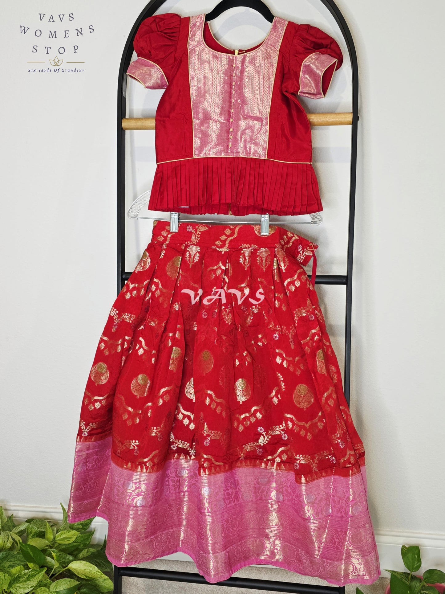 Royal Crimson Ruby Designer Benarasi Silk Lehenga Set with Blush Rose Pink Zari Border & Peplum Blouse | Girls 5–6 Years