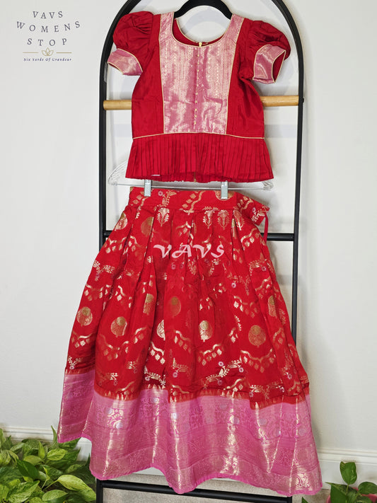 Royal Crimson Ruby Designer Benarasi Silk Lehenga Set with Blush Rose Pink Zari Border & Peplum Blouse | Girls 5–6 Years