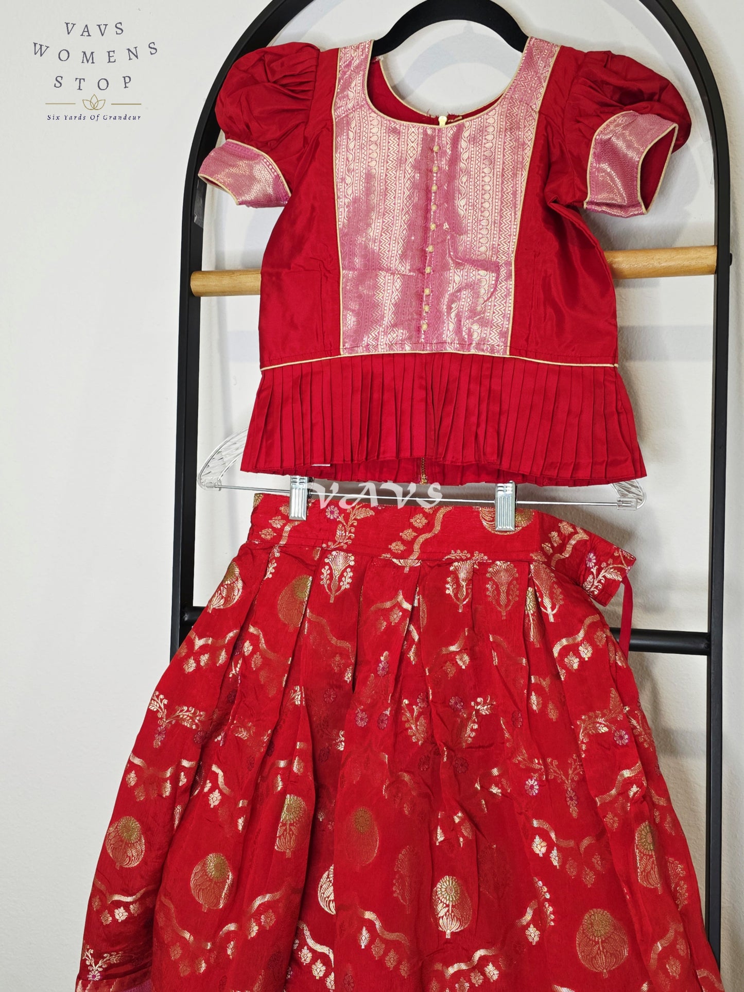 Royal Crimson Ruby Designer Benarasi Silk Lehenga Set with Blush Rose Pink Zari Border & Peplum Blouse | Girls 5–6 Years