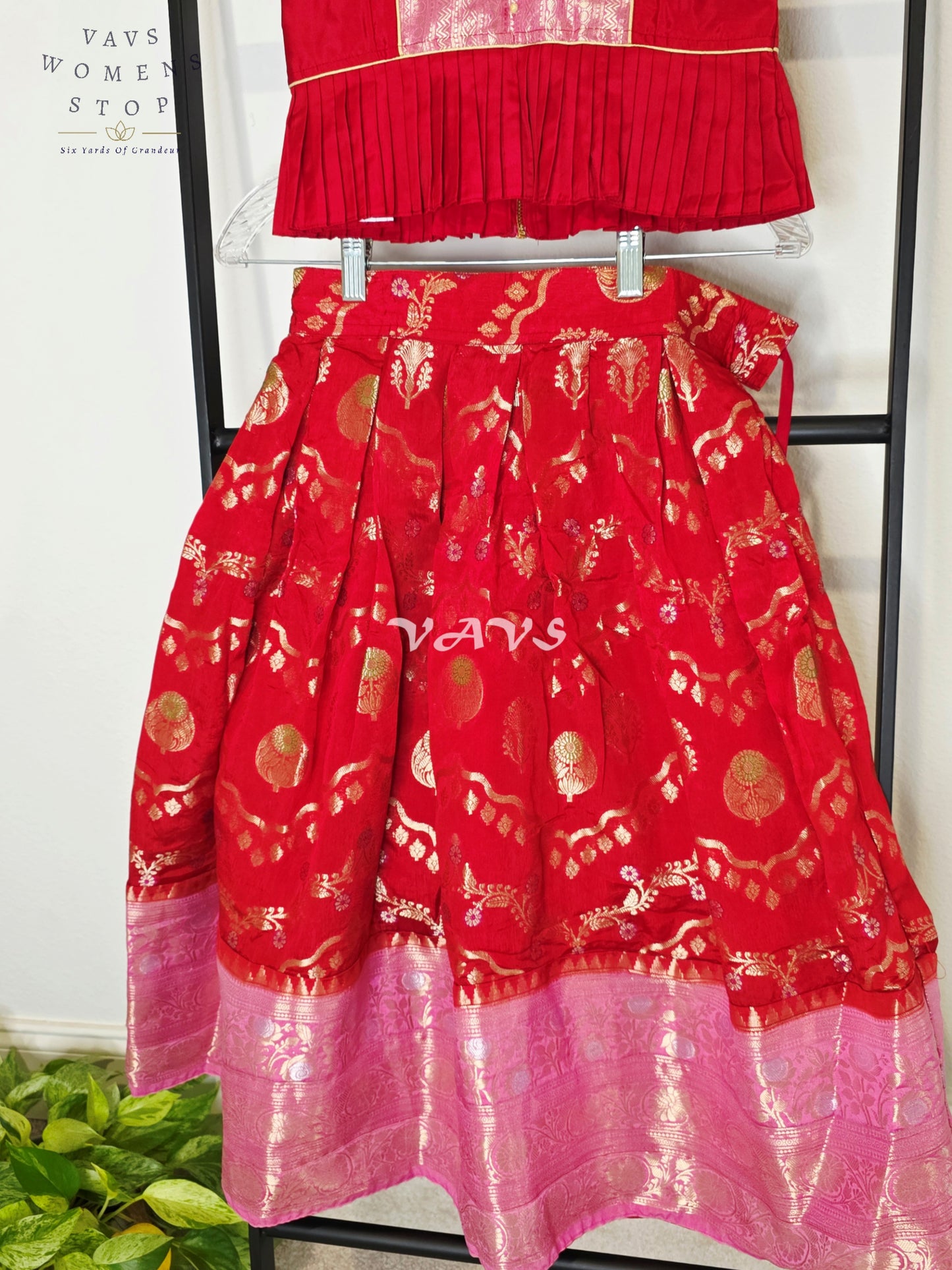 Royal Crimson Ruby Designer Benarasi Silk Lehenga Set with Blush Rose Pink Zari Border & Peplum Blouse | Girls 5–6 Years
