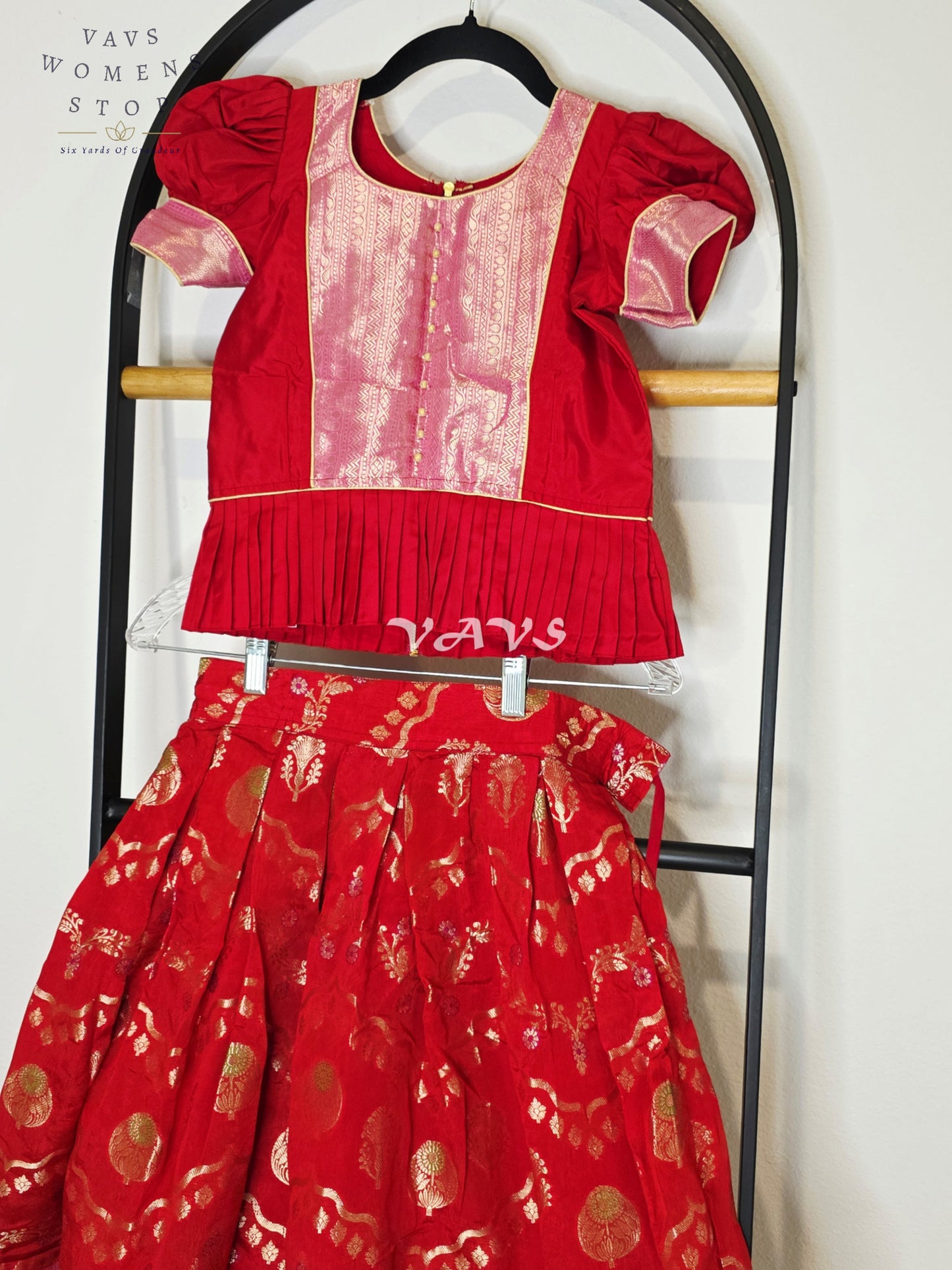 Royal Crimson Ruby Designer Benarasi Silk Lehenga Set with Blush Rose Pink Zari Border & Peplum Blouse | Girls 5–6 Years