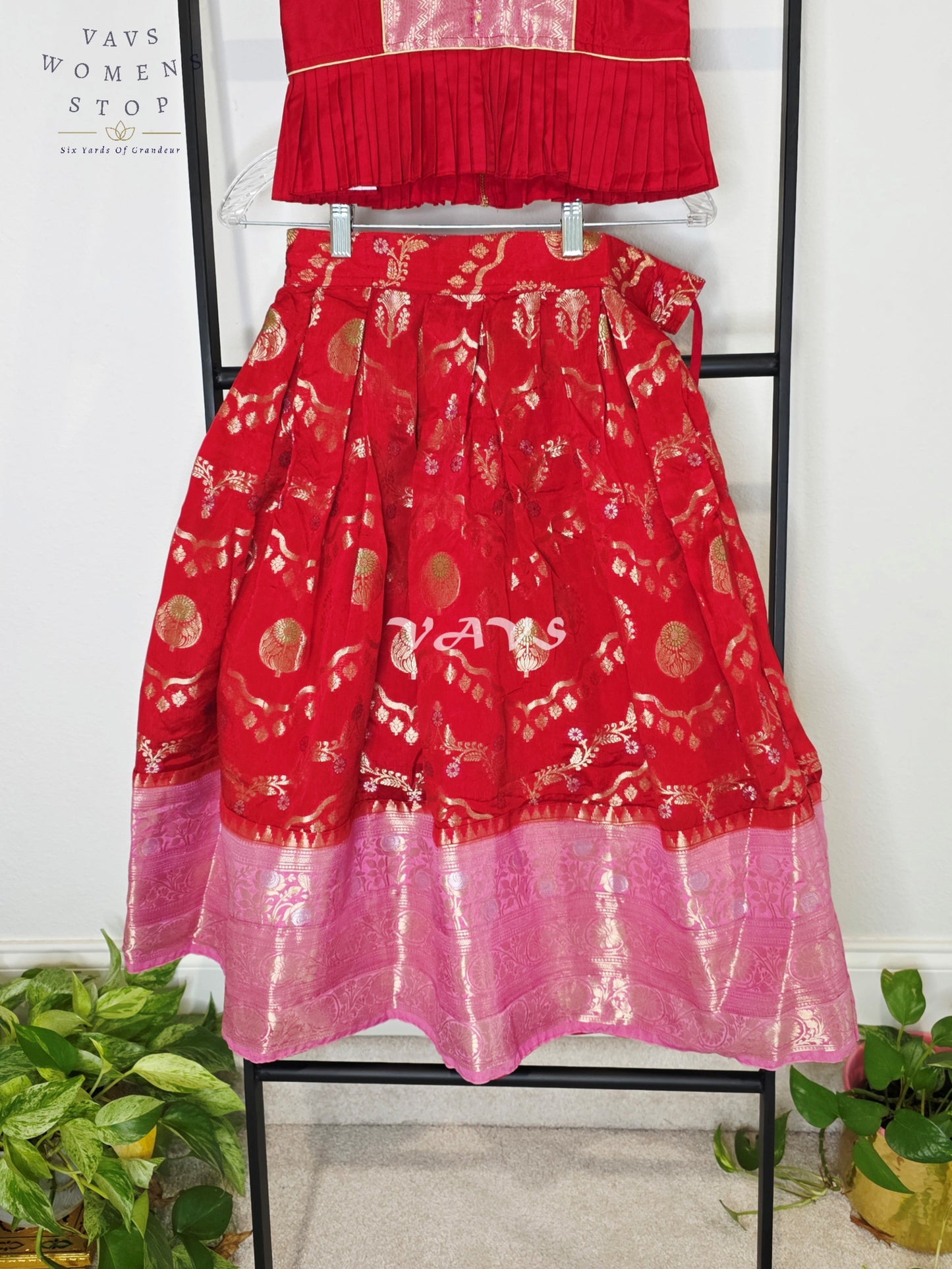 Royal Crimson Ruby Designer Benarasi Silk Lehenga Set with Blush Rose Pink Zari Border & Peplum Blouse | Girls 5–6 Years