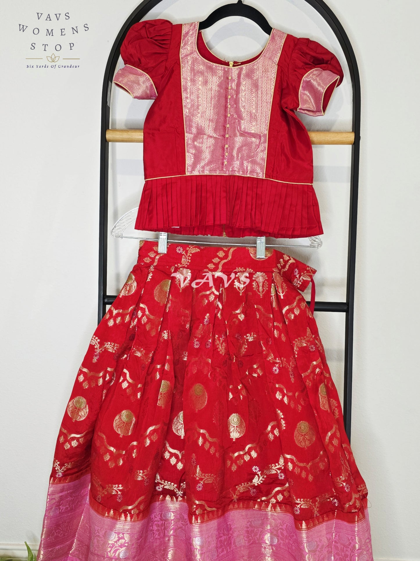 Royal Crimson Ruby Designer Benarasi Silk Lehenga Set with Blush Rose Pink Zari Border & Peplum Blouse | Girls 5–6 Years