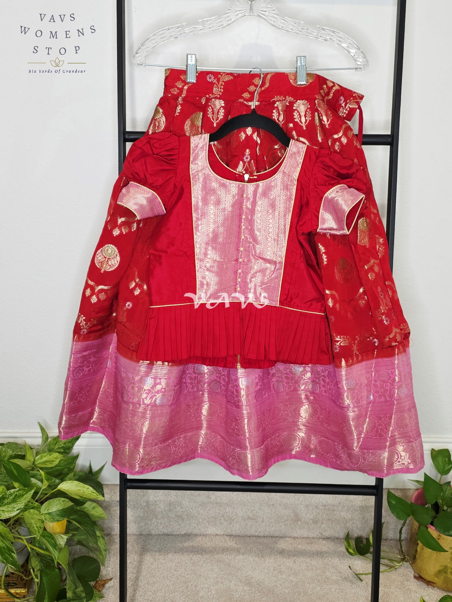 Royal Crimson Ruby Designer Benarasi Silk Lehenga Set with Blush Rose Pink Zari Border & Peplum Blouse | Girls 5–6 Years