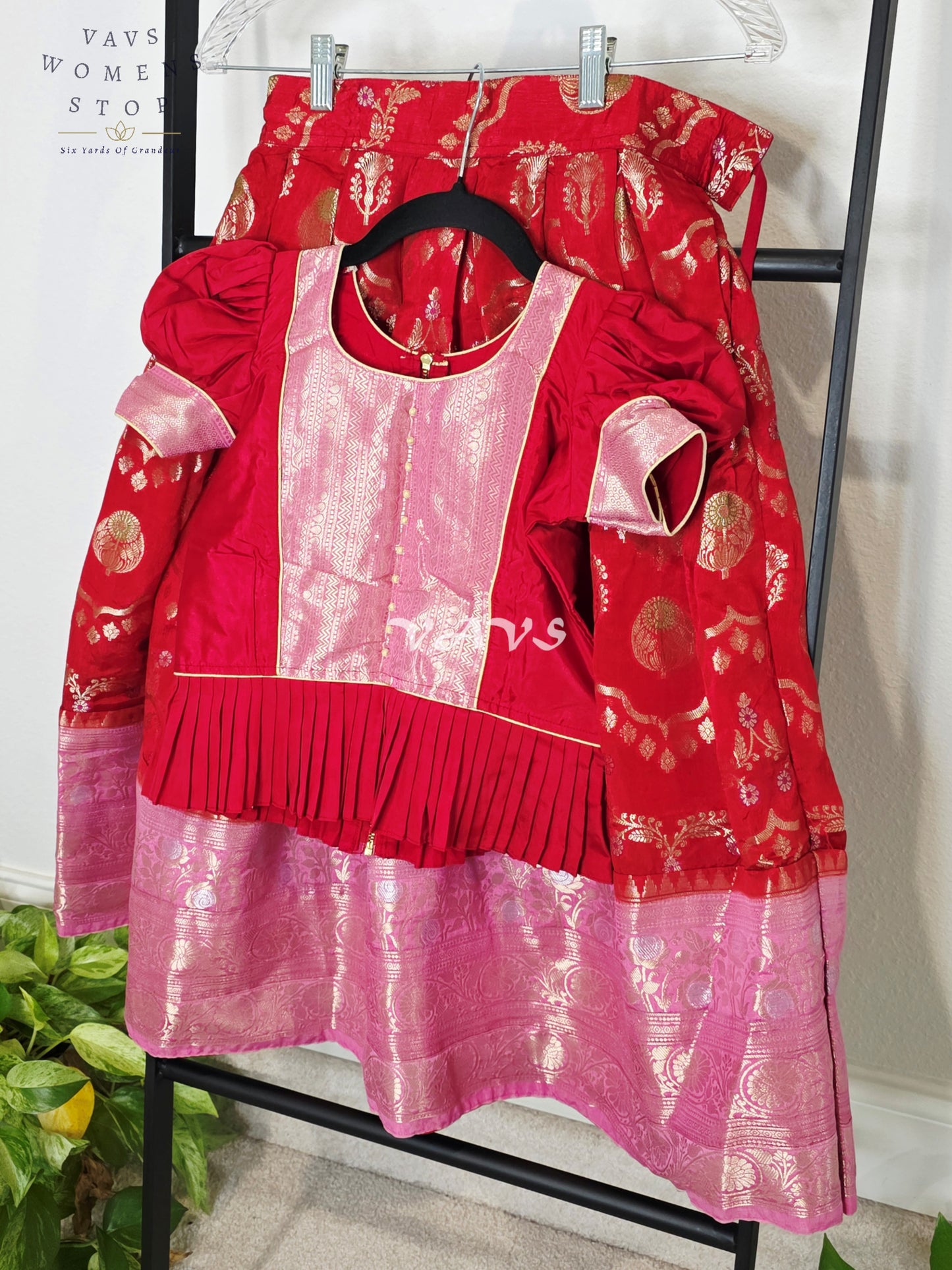 Royal Crimson Ruby Designer Benarasi Silk Lehenga Set with Blush Rose Pink Zari Border & Peplum Blouse | Girls 5–6 Years