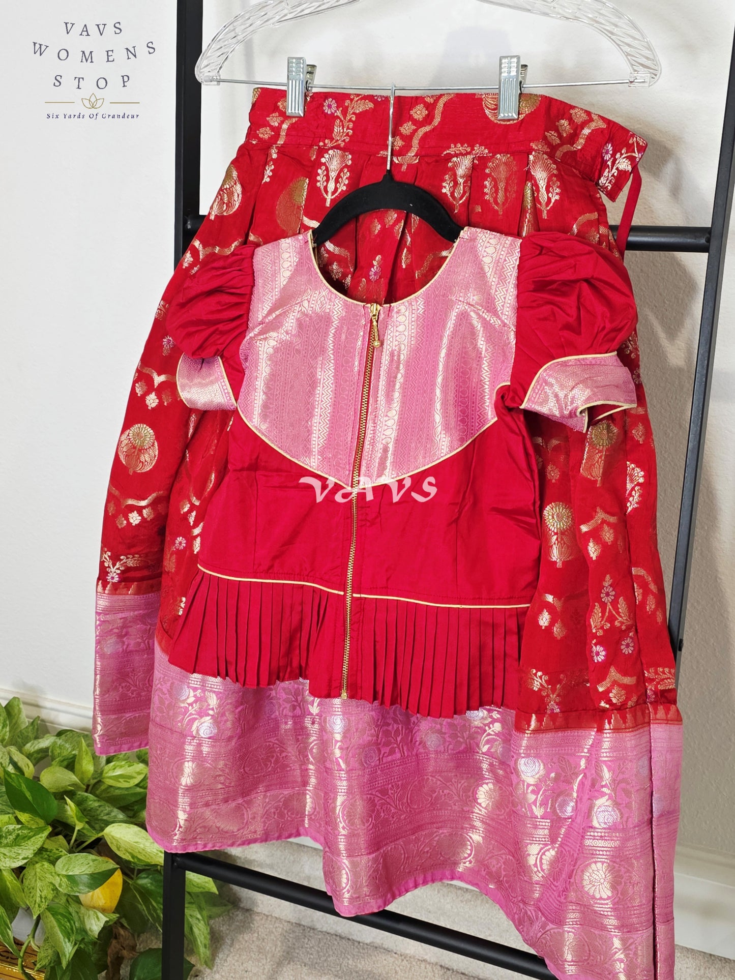 Royal Crimson Ruby Designer Benarasi Silk Lehenga Set with Blush Rose Pink Zari Border & Peplum Blouse | Girls 5–6 Years
