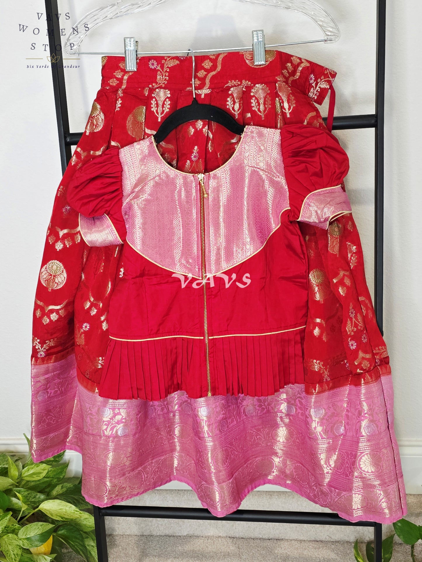 Royal Crimson Ruby Designer Benarasi Silk Lehenga Set with Blush Rose Pink Zari Border & Peplum Blouse | Girls 5–6 Years