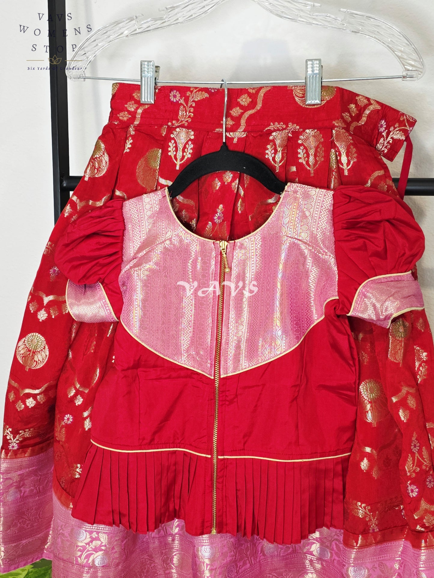 Royal Crimson Ruby Designer Benarasi Silk Lehenga Set with Blush Rose Pink Zari Border & Peplum Blouse | Girls 5–6 Years