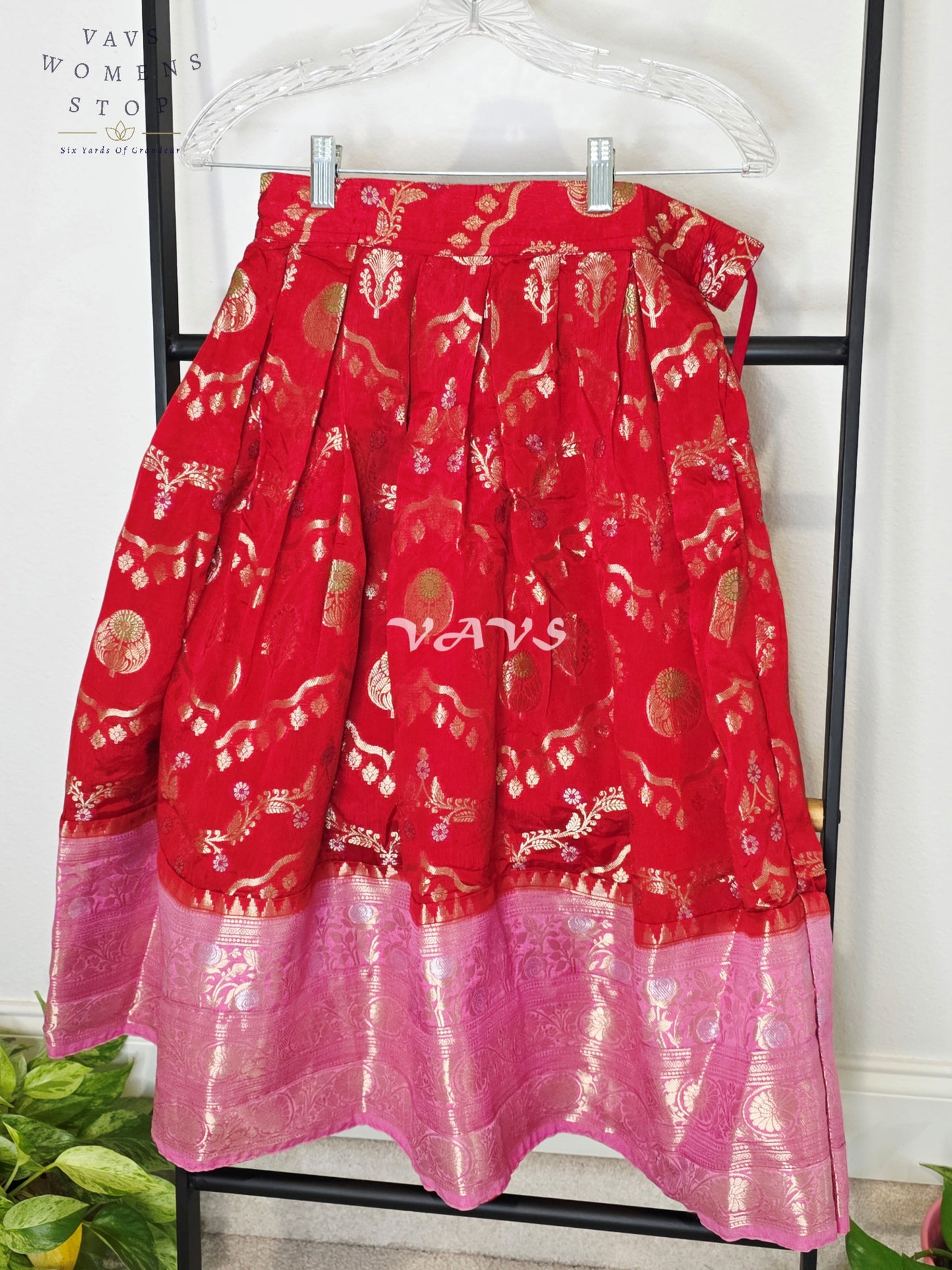 Royal Crimson Ruby Designer Benarasi Silk Lehenga Set with Blush Rose Pink Zari Border & Peplum Blouse | Girls 5–6 Years