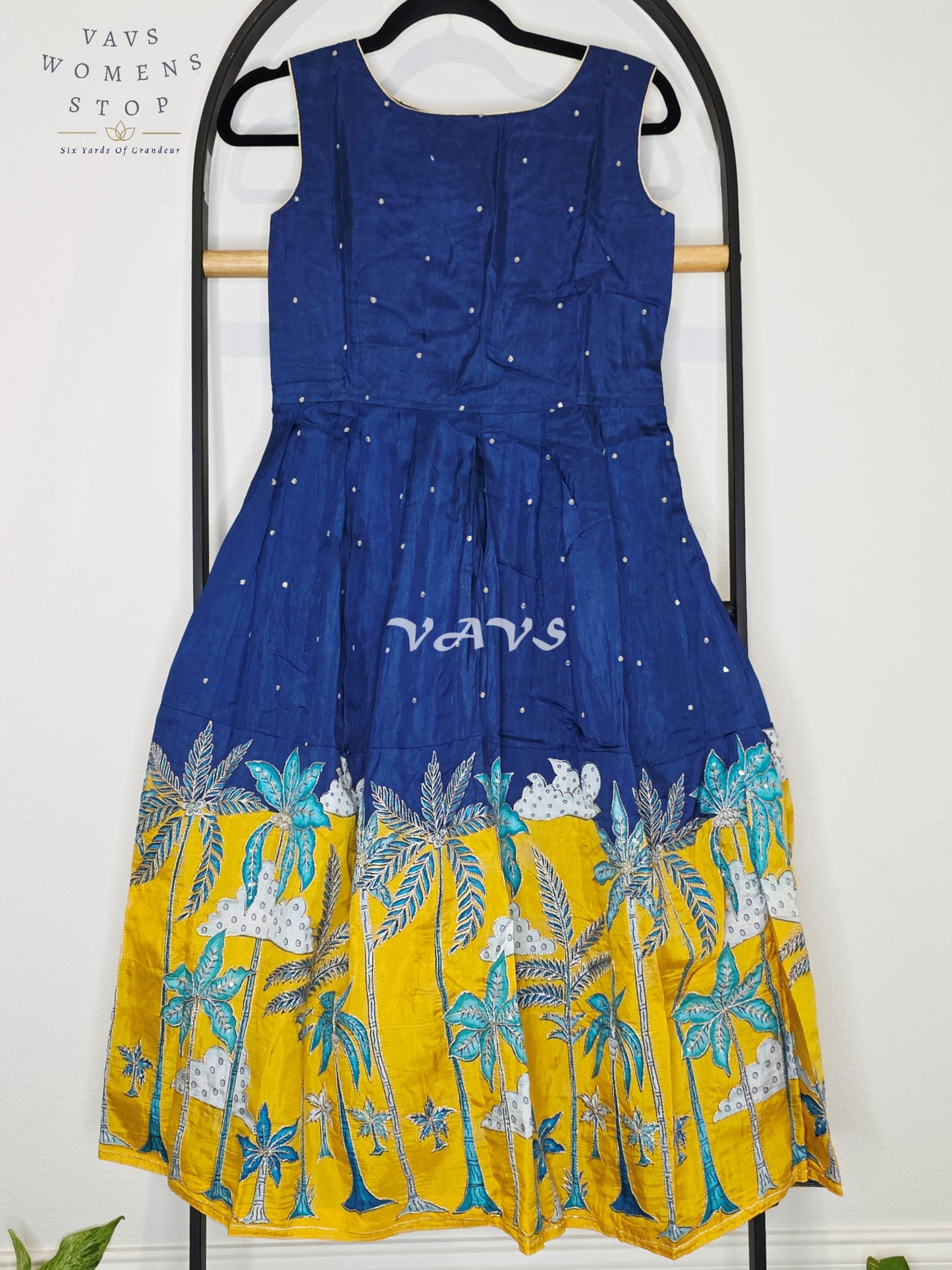 Royal Sapphire Blue & Sunlit Marigold Designer Long Frock with Tropical Print Overcoat | Girls 8–9 Years