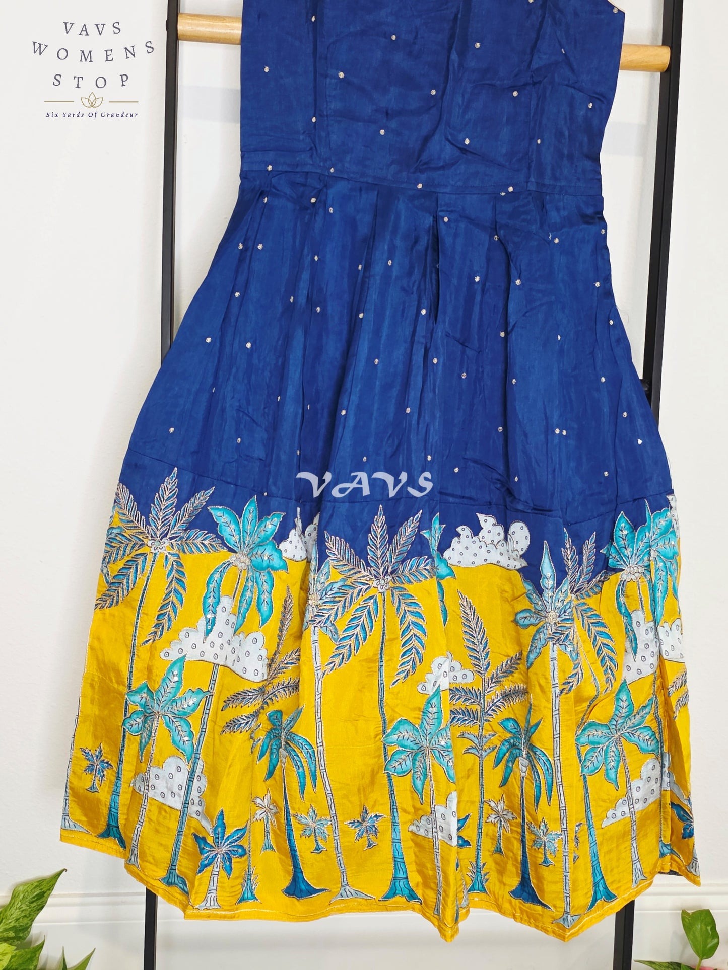 Royal Sapphire Blue & Sunlit Marigold Designer Long Frock with Tropical Print Overcoat | Girls 8–9 Years