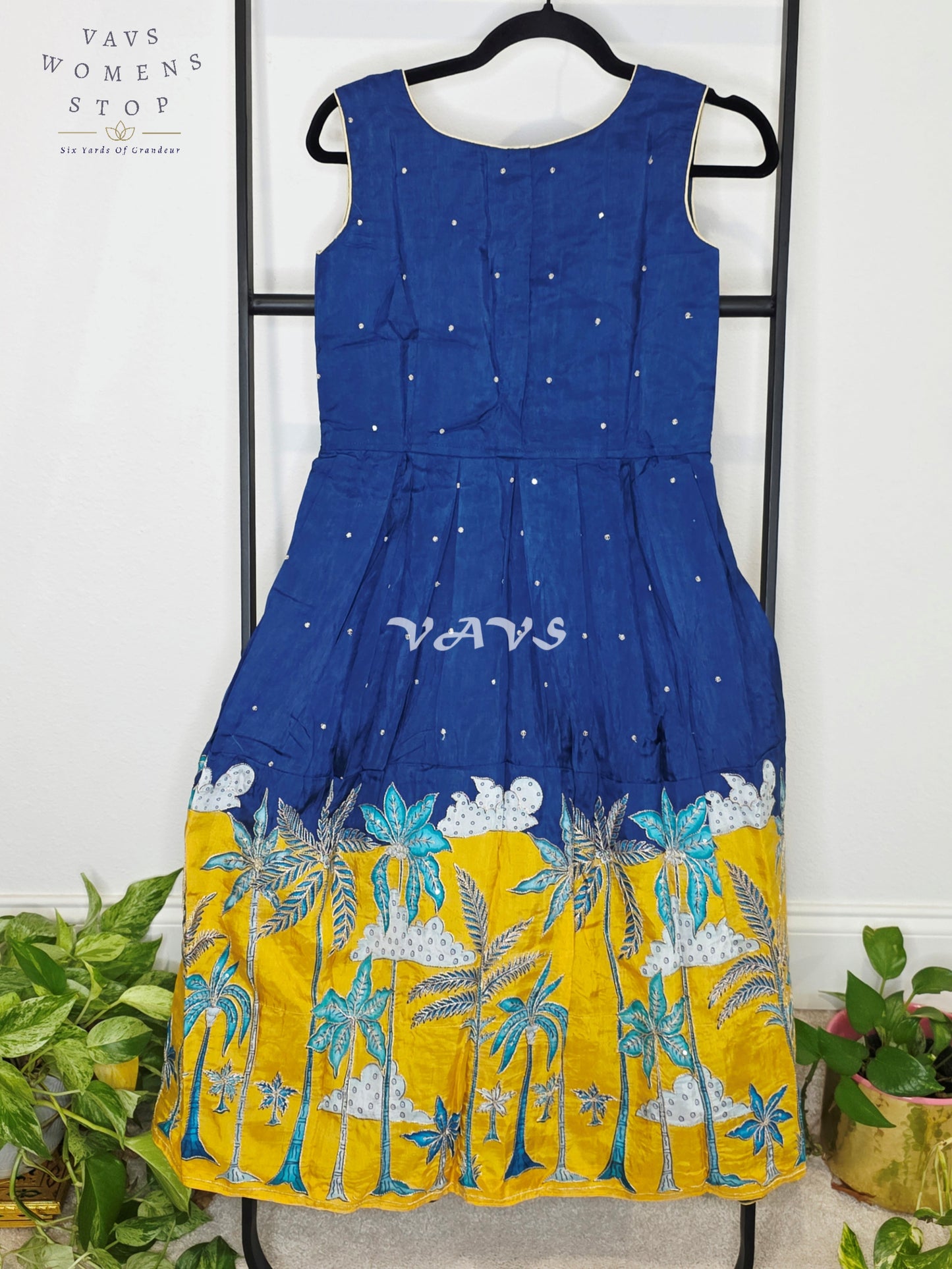 Royal Sapphire Blue & Sunlit Marigold Designer Long Frock with Tropical Print Overcoat | Girls 8–9 Years