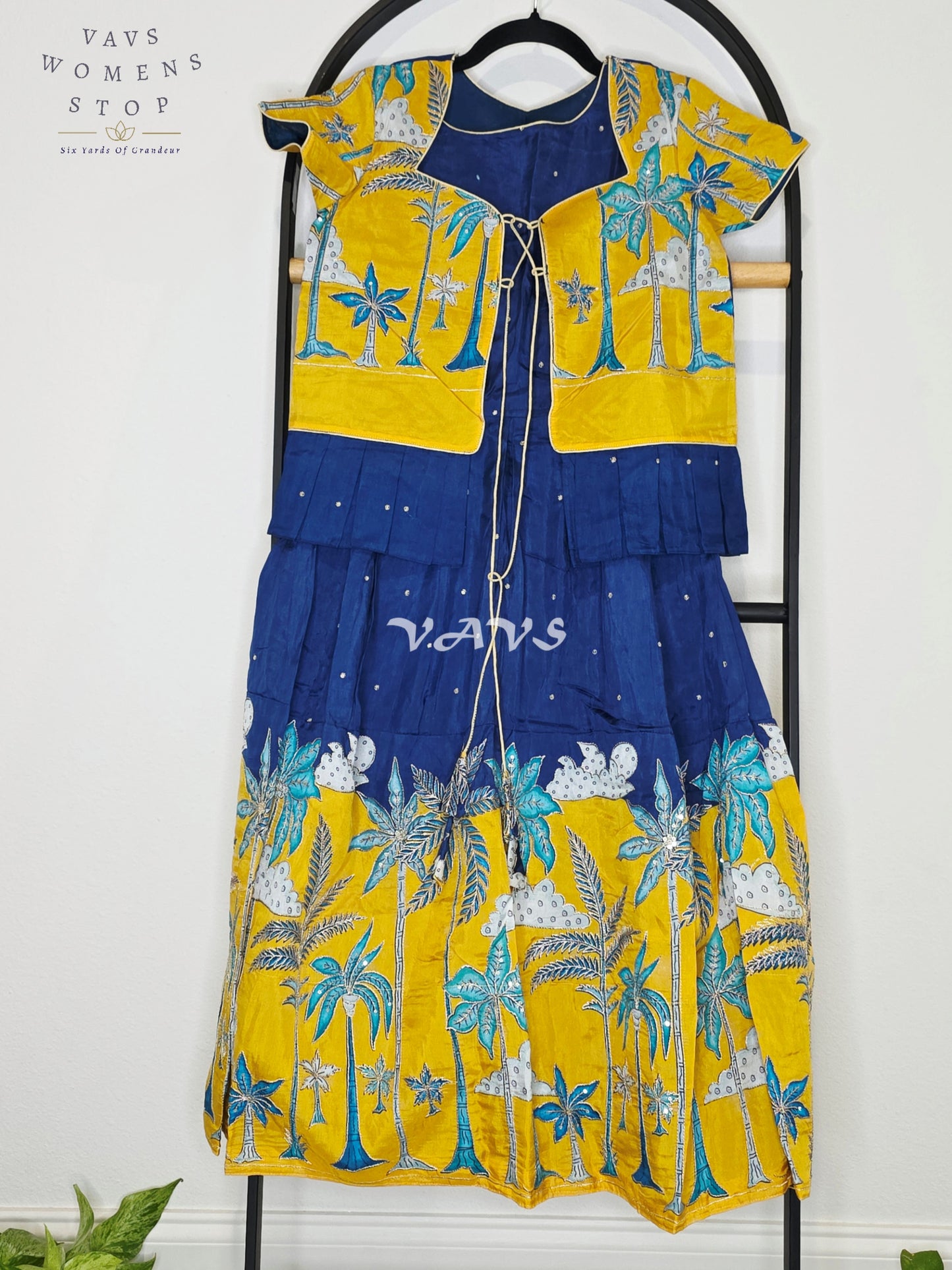 Royal Sapphire Blue & Sunlit Marigold Designer Long Frock with Tropical Print Overcoat | Girls 8–9 Years