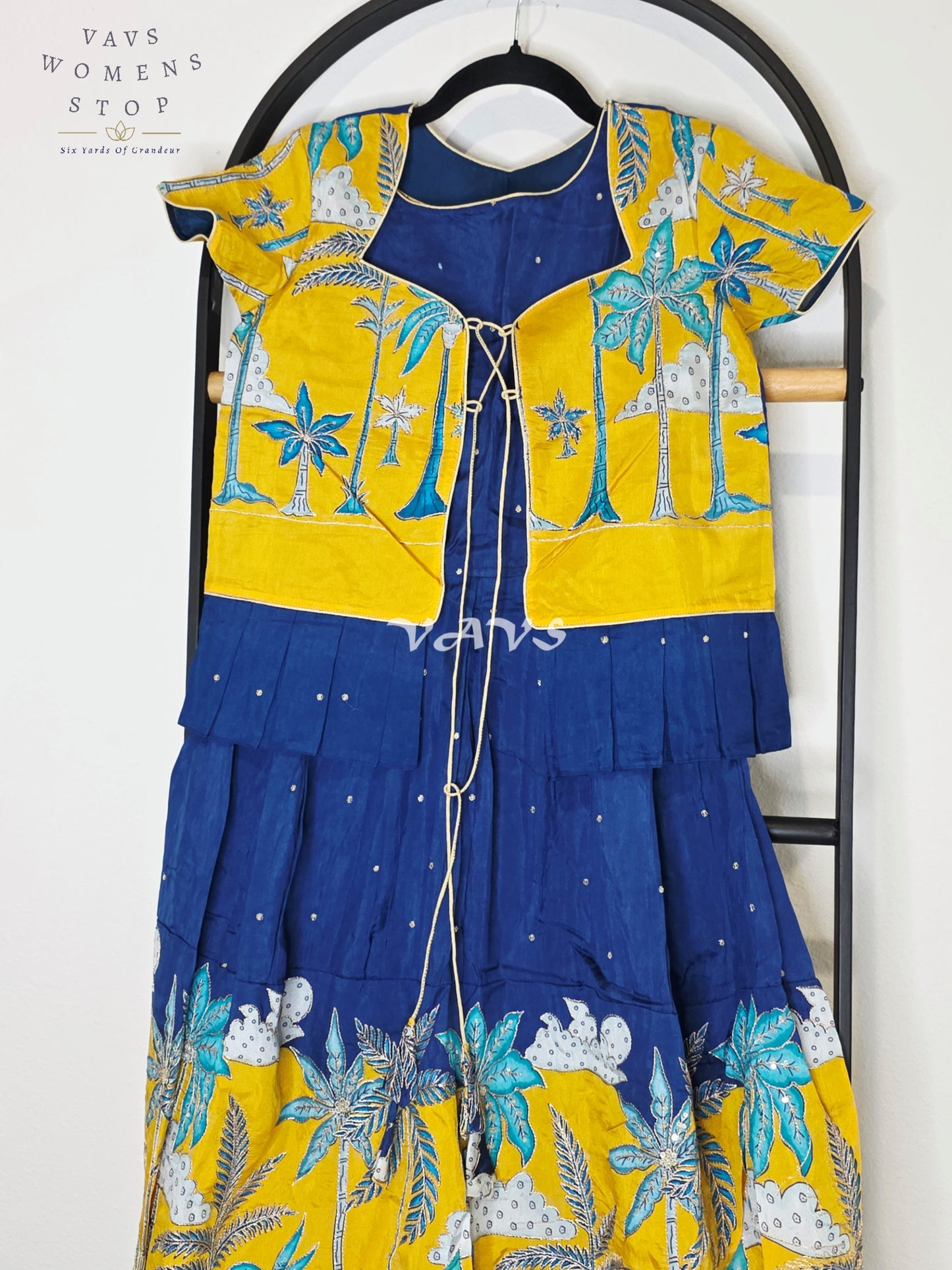 Royal Sapphire Blue & Sunlit Marigold Designer Long Frock with Tropical Print Overcoat | Girls 8–9 Years