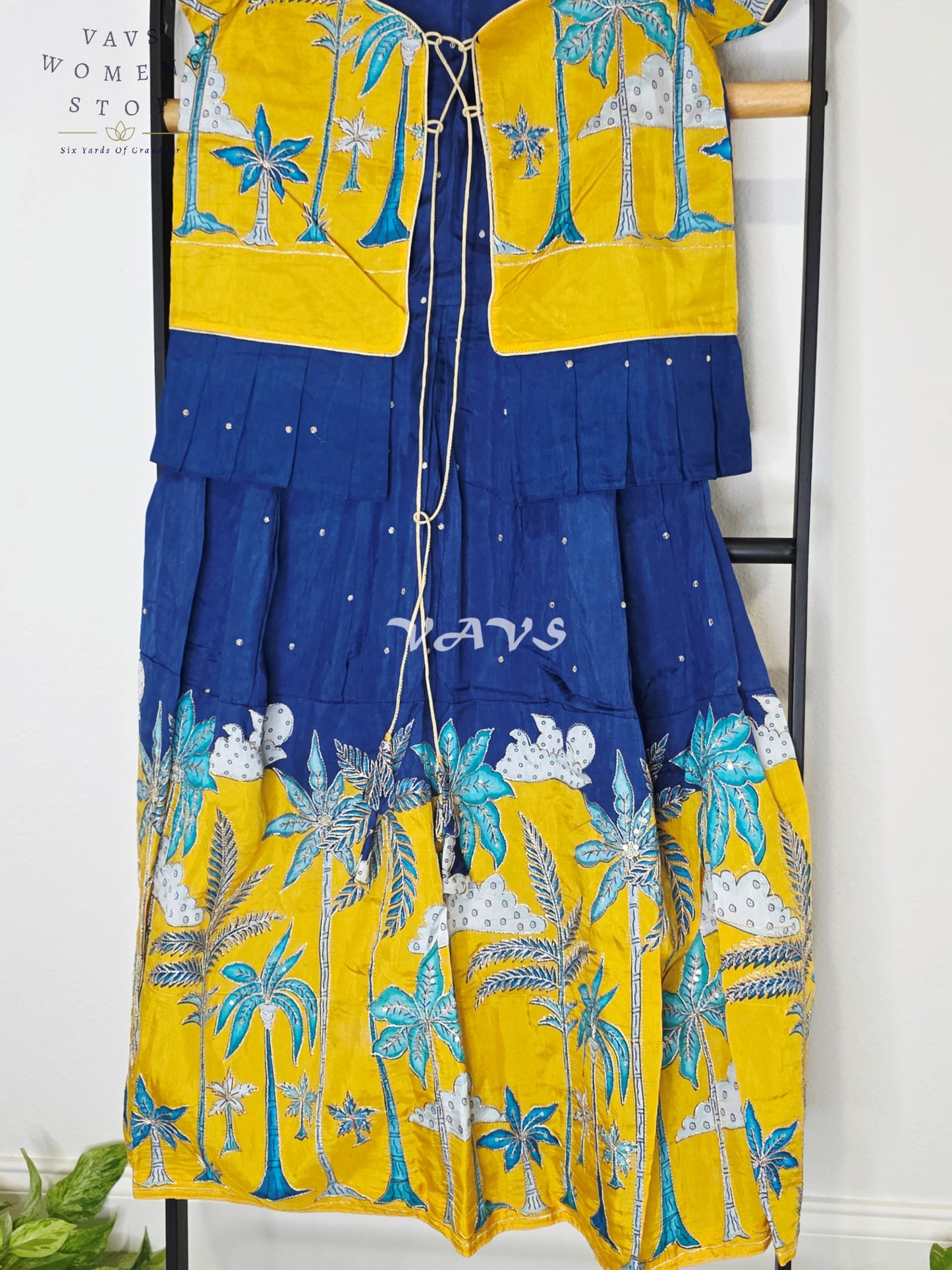 Royal Sapphire Blue & Sunlit Marigold Designer Long Frock with Tropical Print Overcoat | Girls 8–9 Years