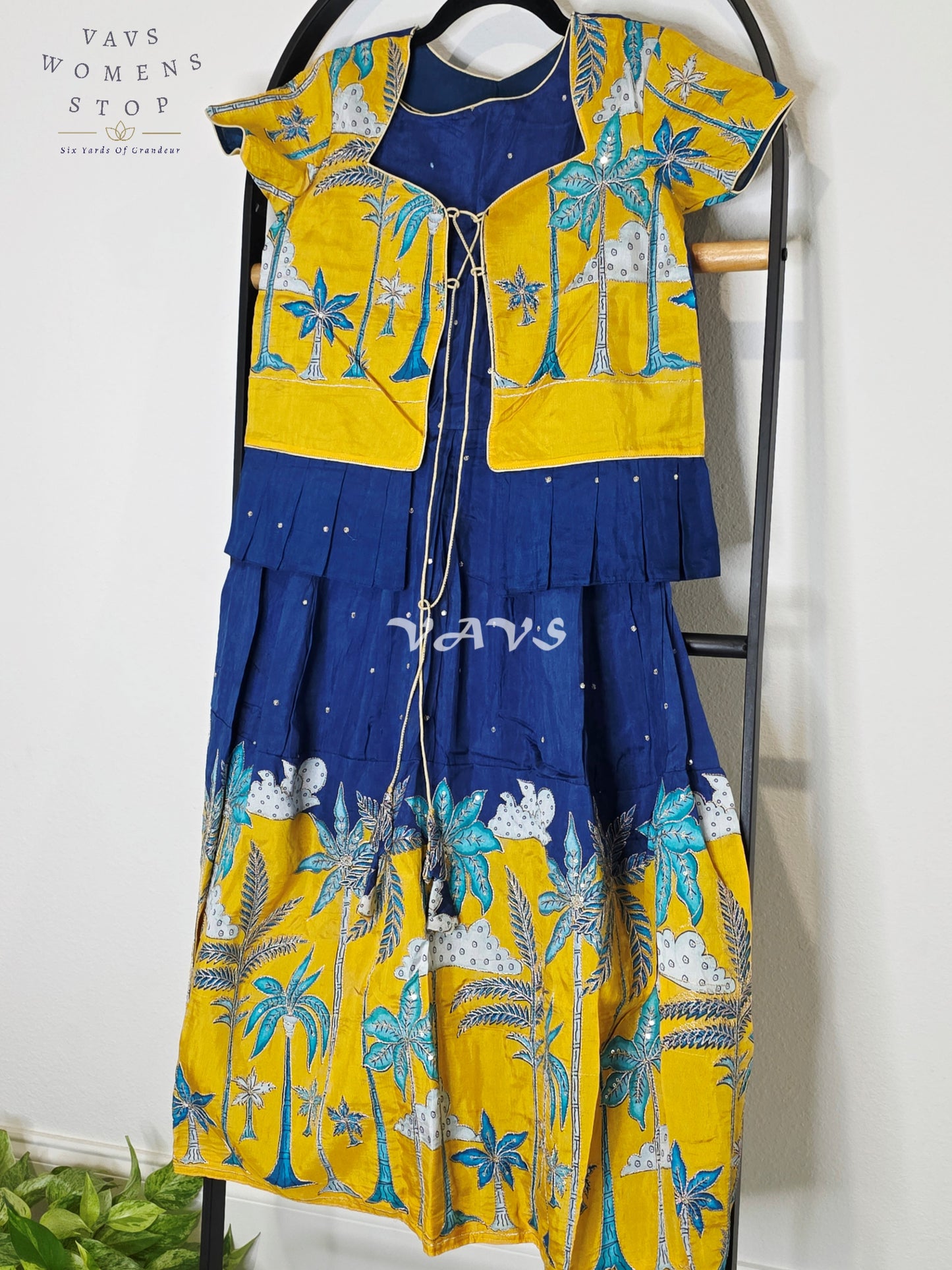 Royal Sapphire Blue & Sunlit Marigold Designer Long Frock with Tropical Print Overcoat | Girls 8–9 Years