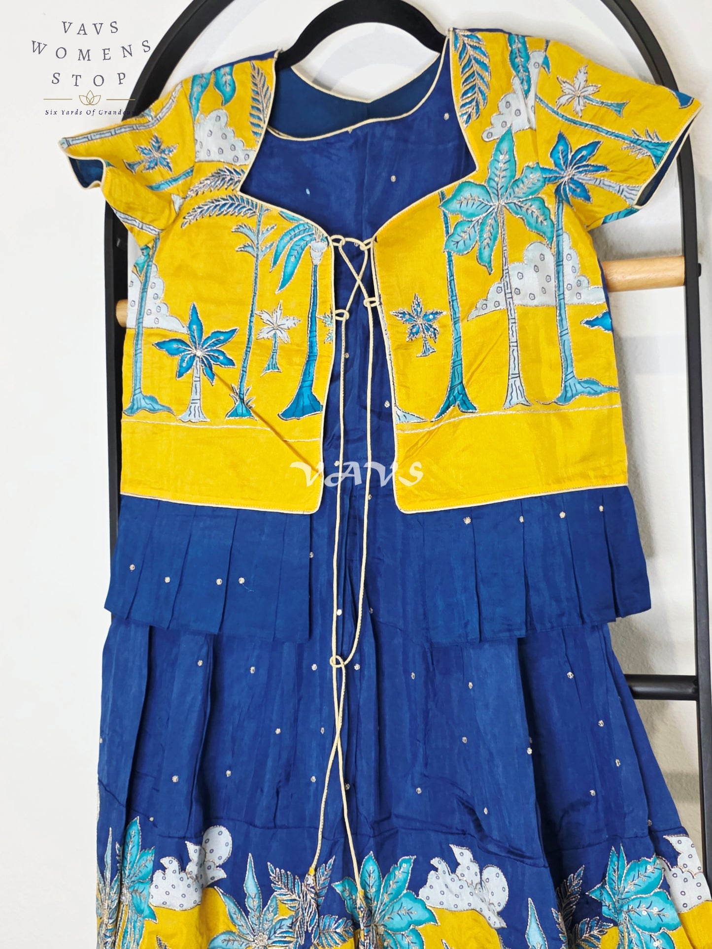 Royal Sapphire Blue & Sunlit Marigold Designer Long Frock with Tropical Print Overcoat | Girls 8–9 Years