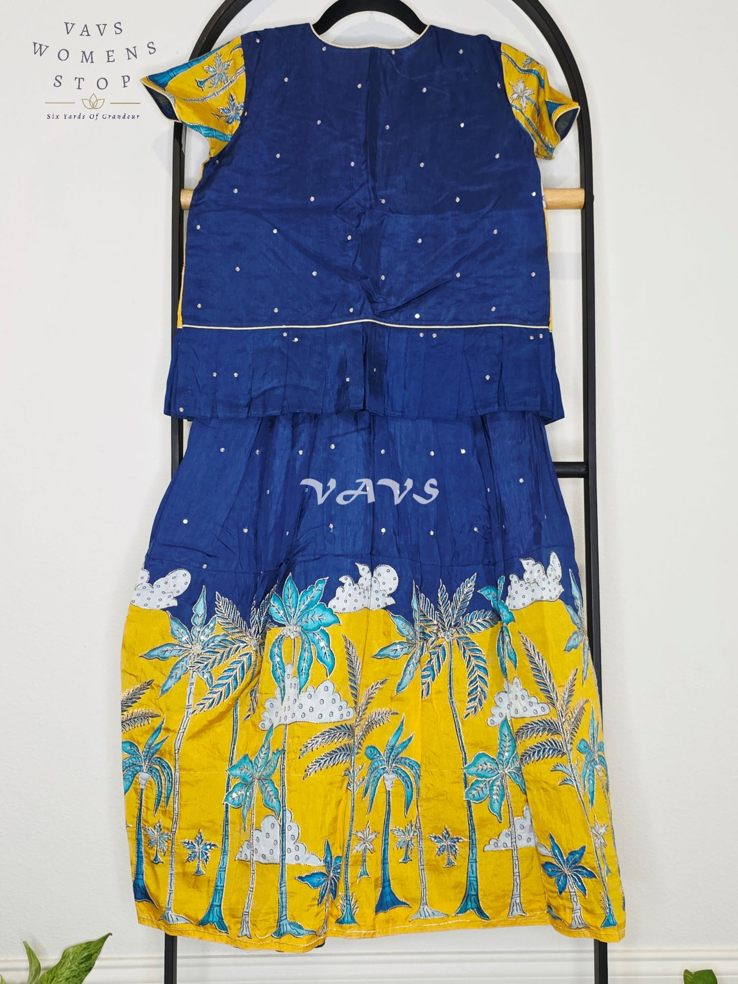 Royal Sapphire Blue & Sunlit Marigold Designer Long Frock with Tropical Print Overcoat | Girls 8–9 Years