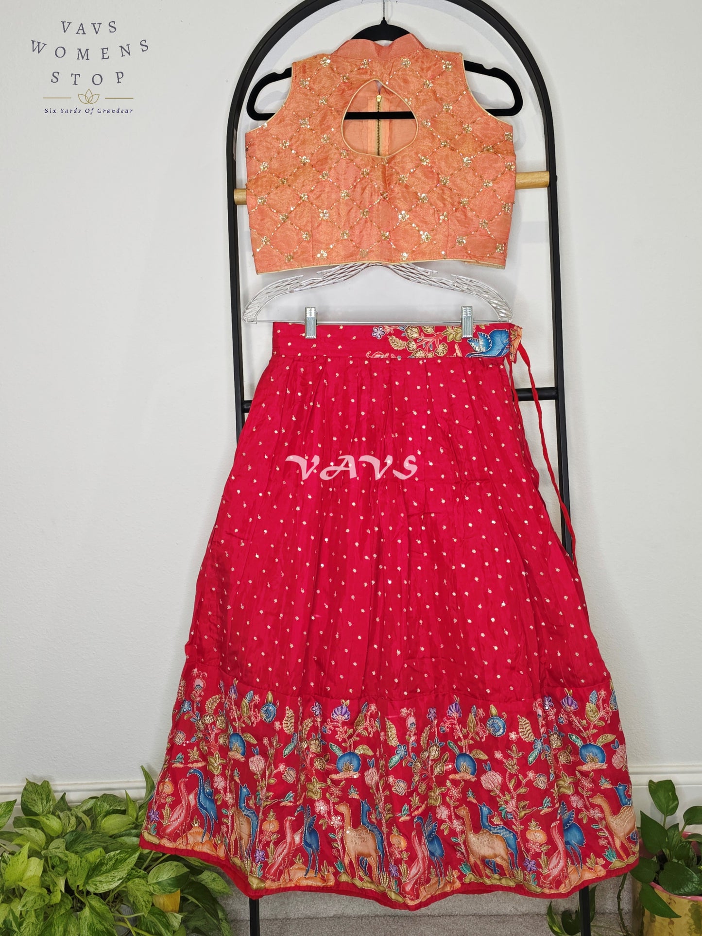 Royal Coral Rose Designer Munga Crepe Silk Animal Motif Embroidered Lehenga with Peach Pink Tissue Crystal Work Sleeveless Crop Top | Girls 8–9 Years