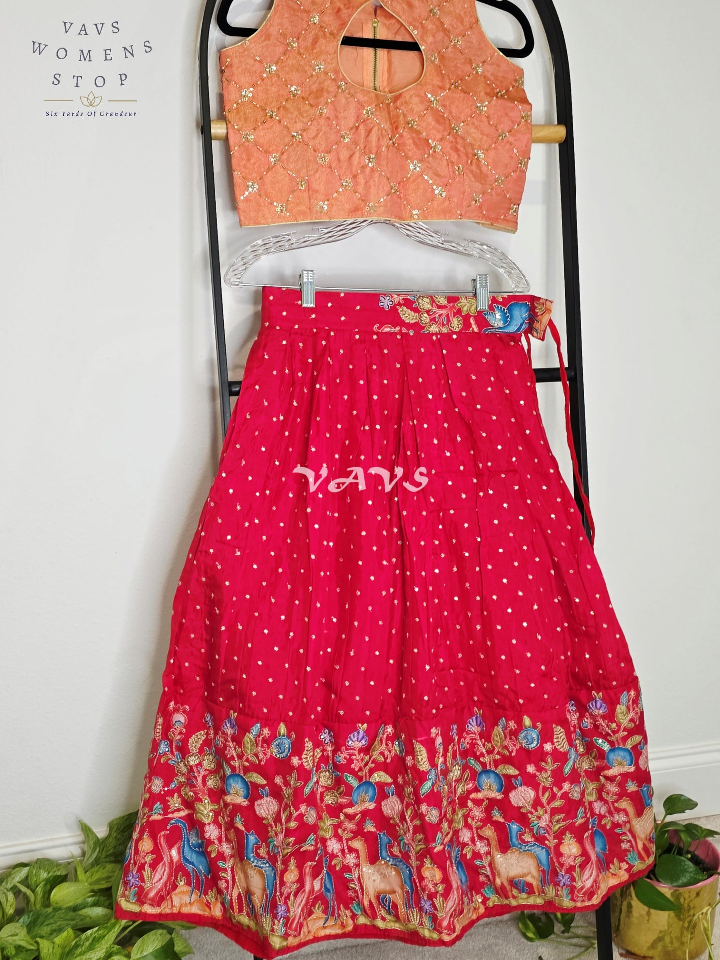 Royal Coral Rose Designer Munga Crepe Silk Animal Motif Embroidered Lehenga with Peach Pink Tissue Crystal Work Sleeveless Crop Top | Girls 8–9 Years