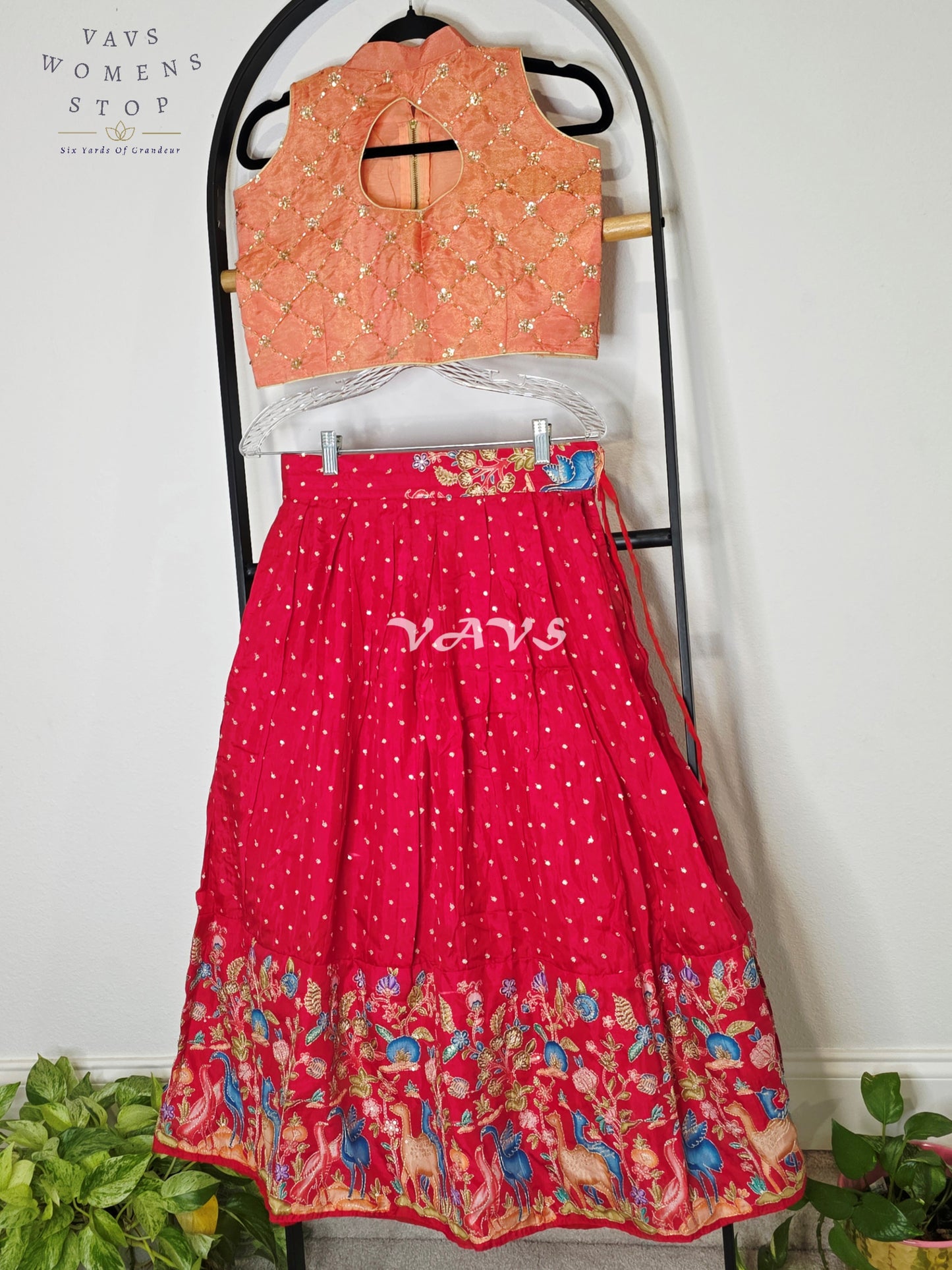 Royal Coral Rose Designer Munga Crepe Silk Animal Motif Embroidered Lehenga with Peach Pink Tissue Crystal Work Sleeveless Crop Top | Girls 8–9 Years