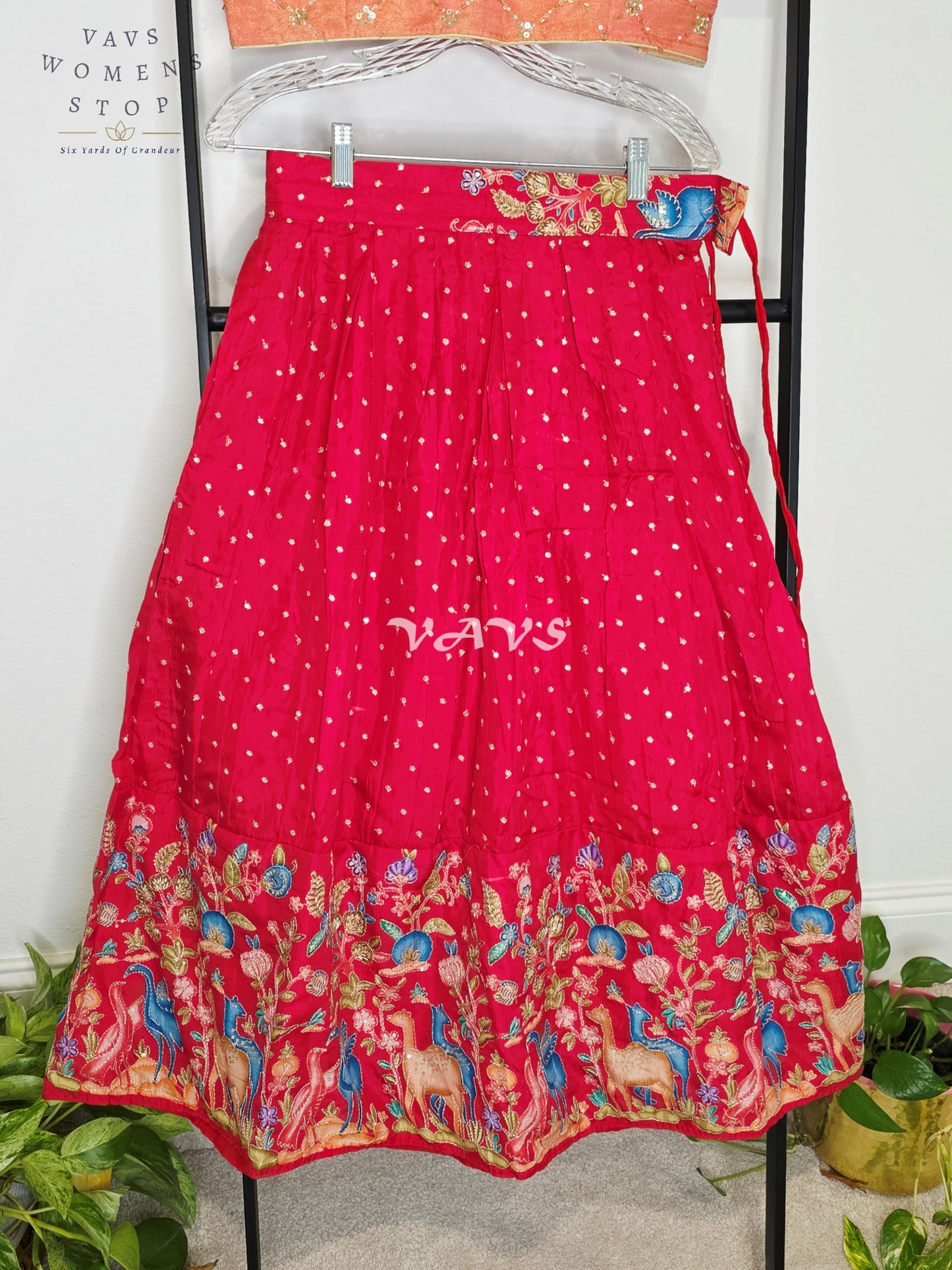 Royal Coral Rose Designer Munga Crepe Silk Animal Motif Embroidered Lehenga with Peach Pink Tissue Crystal Work Sleeveless Crop Top | Girls 8–9 Years