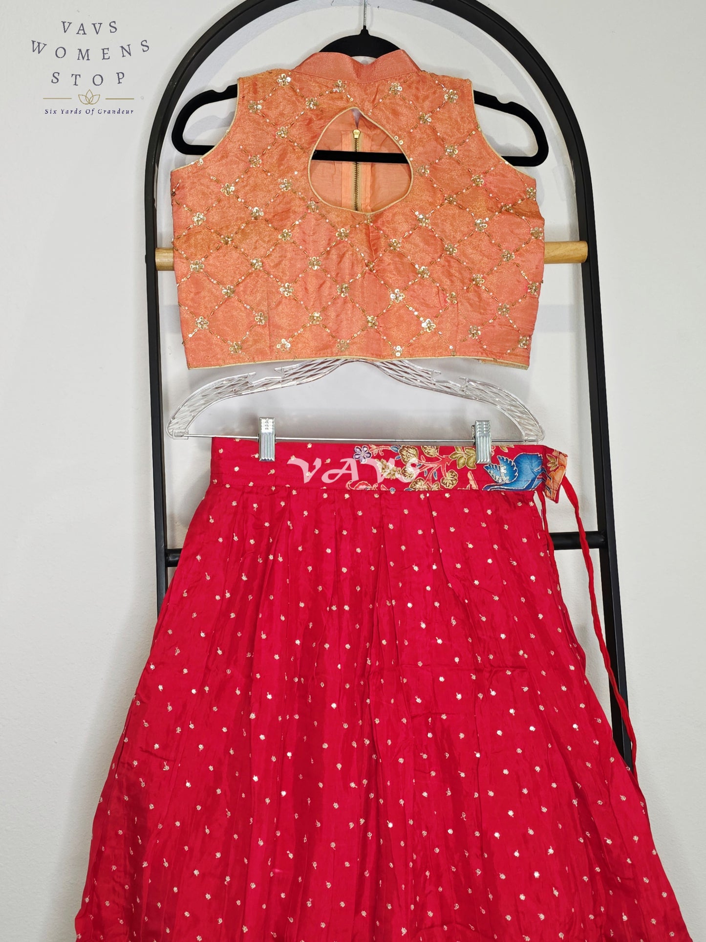 Royal Coral Rose Designer Munga Crepe Silk Animal Motif Embroidered Lehenga with Peach Pink Tissue Crystal Work Sleeveless Crop Top | Girls 8–9 Years