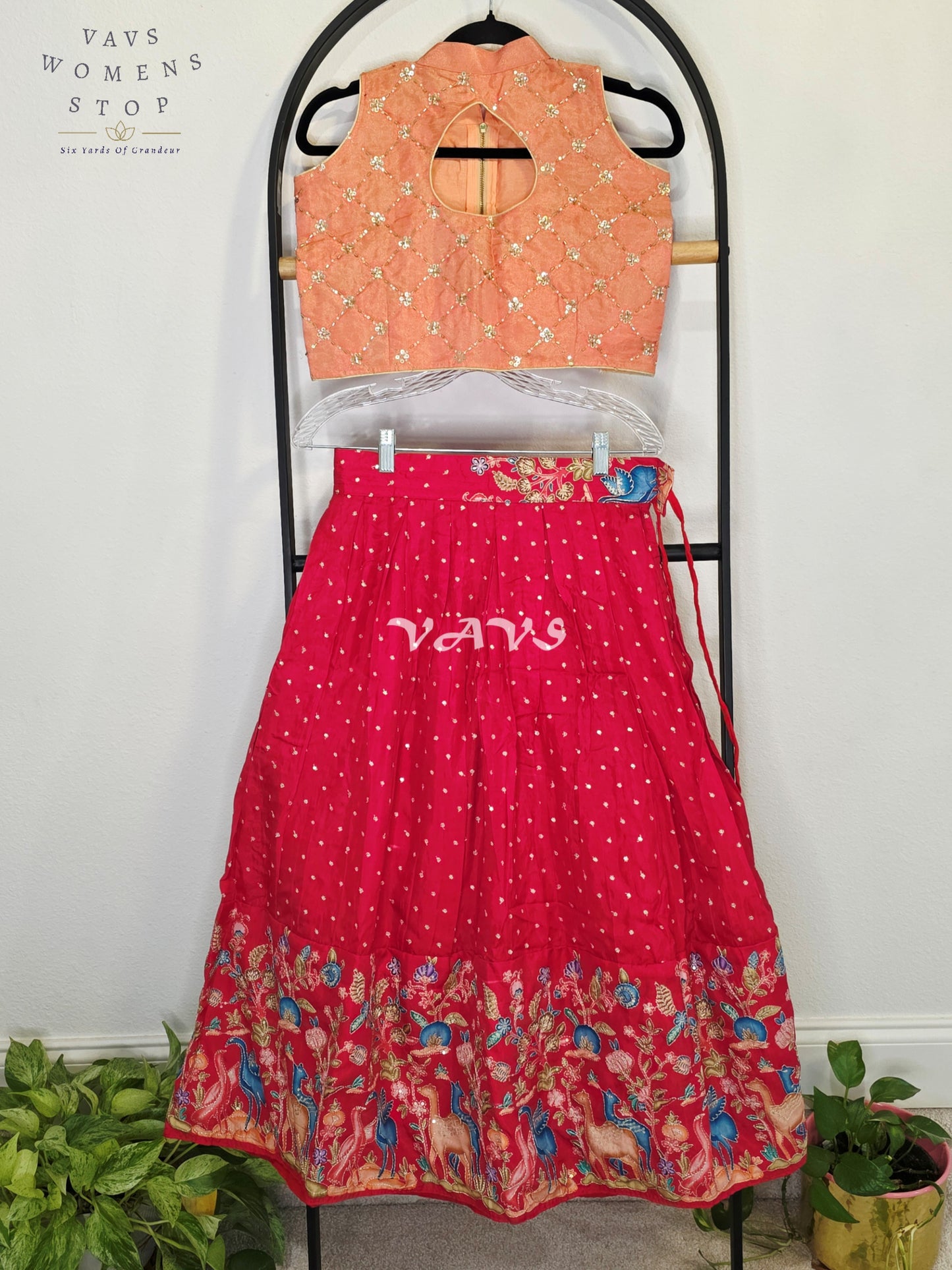 Royal Coral Rose Designer Munga Crepe Silk Animal Motif Embroidered Lehenga with Peach Pink Tissue Crystal Work Sleeveless Crop Top | Girls 8–9 Years