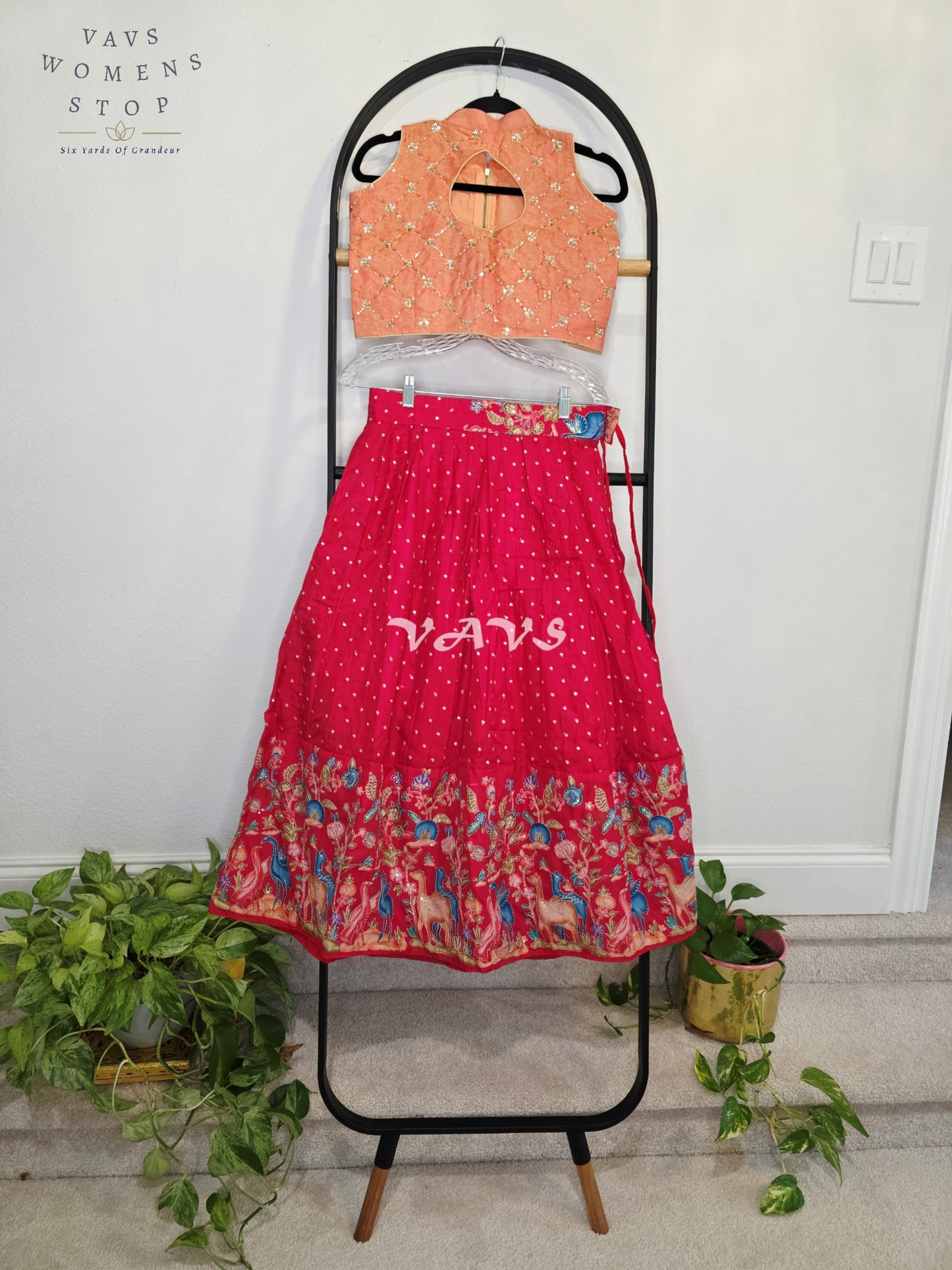 Royal Coral Rose Designer Munga Crepe Silk Animal Motif Embroidered Lehenga with Peach Pink Tissue Crystal Work Sleeveless Crop Top | Girls 8–9 Years