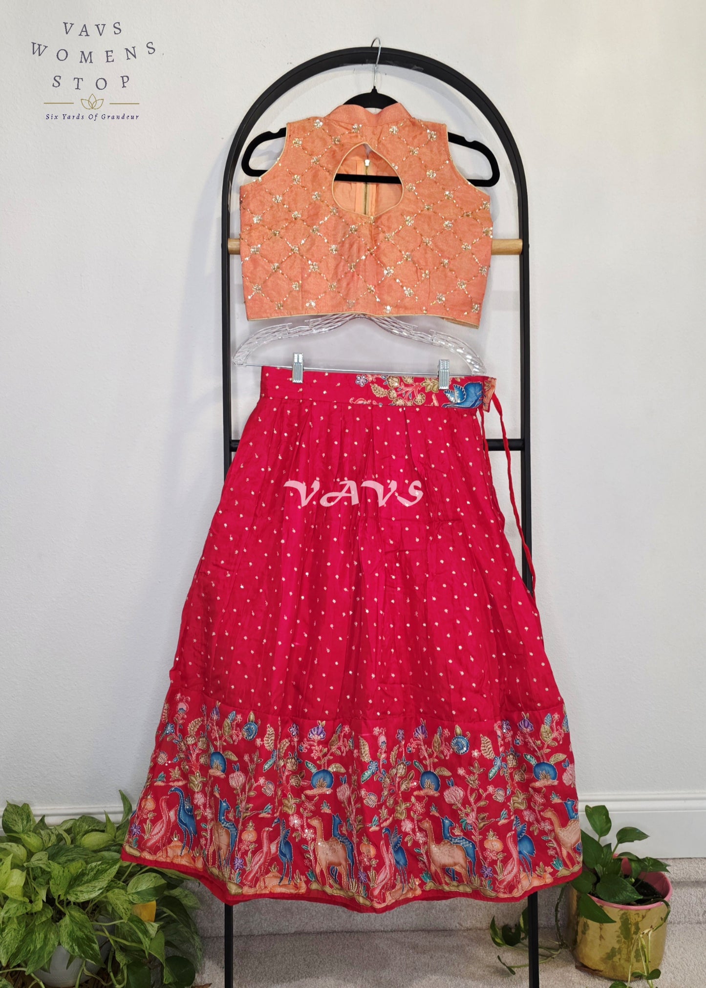 Royal Coral Rose Designer Munga Crepe Silk Animal Motif Embroidered Lehenga with Peach Pink Tissue Crystal Work Sleeveless Crop Top | Girls 8–9 Years