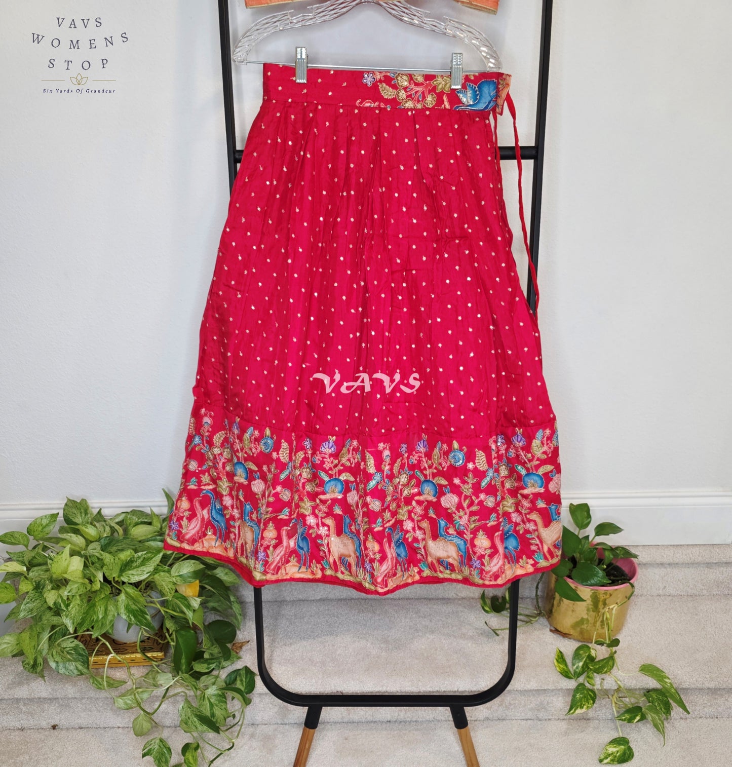 Royal Coral Rose Designer Munga Crepe Silk Animal Motif Embroidered Lehenga with Peach Pink Tissue Crystal Work Sleeveless Crop Top | Girls 8–9 Years