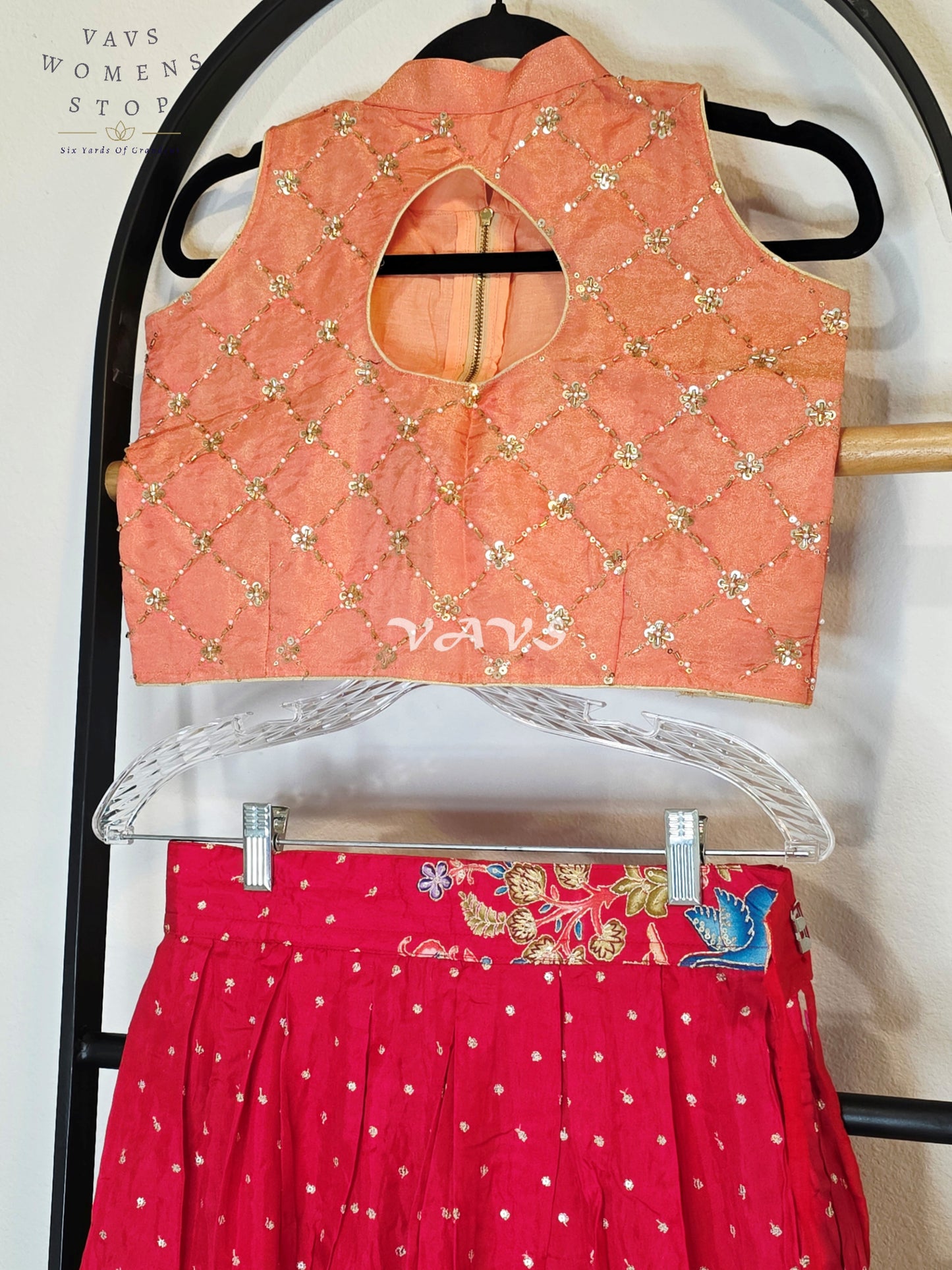 Royal Coral Rose Designer Munga Crepe Silk Animal Motif Embroidered Lehenga with Peach Pink Tissue Crystal Work Sleeveless Crop Top | Girls 8–9 Years