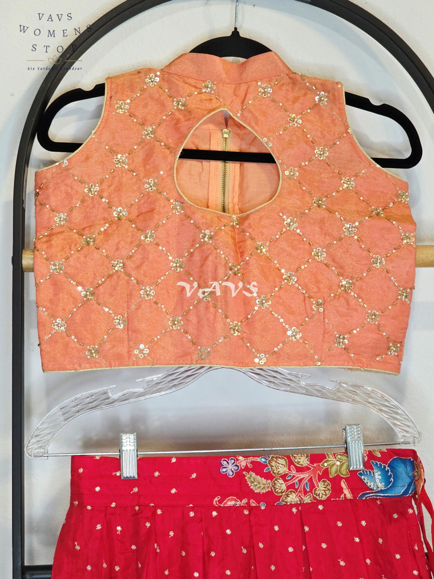 Royal Coral Rose Designer Munga Crepe Silk Animal Motif Embroidered Lehenga with Peach Pink Tissue Crystal Work Sleeveless Crop Top | Girls 8–9 Years