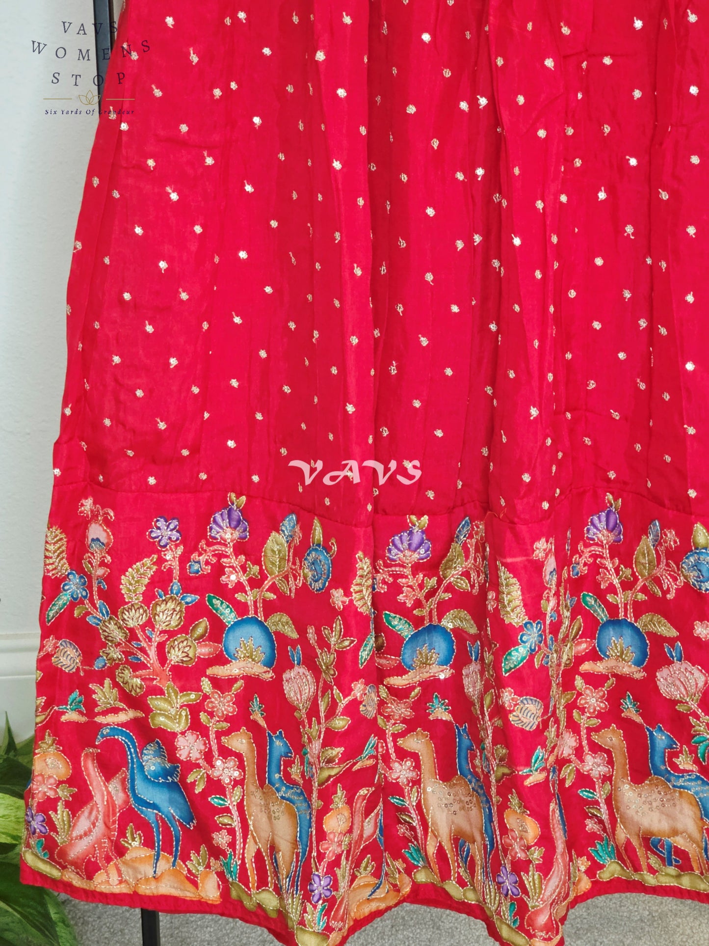 Royal Coral Rose Designer Munga Crepe Silk Animal Motif Embroidered Lehenga with Peach Pink Tissue Crystal Work Sleeveless Crop Top | Girls 8–9 Years