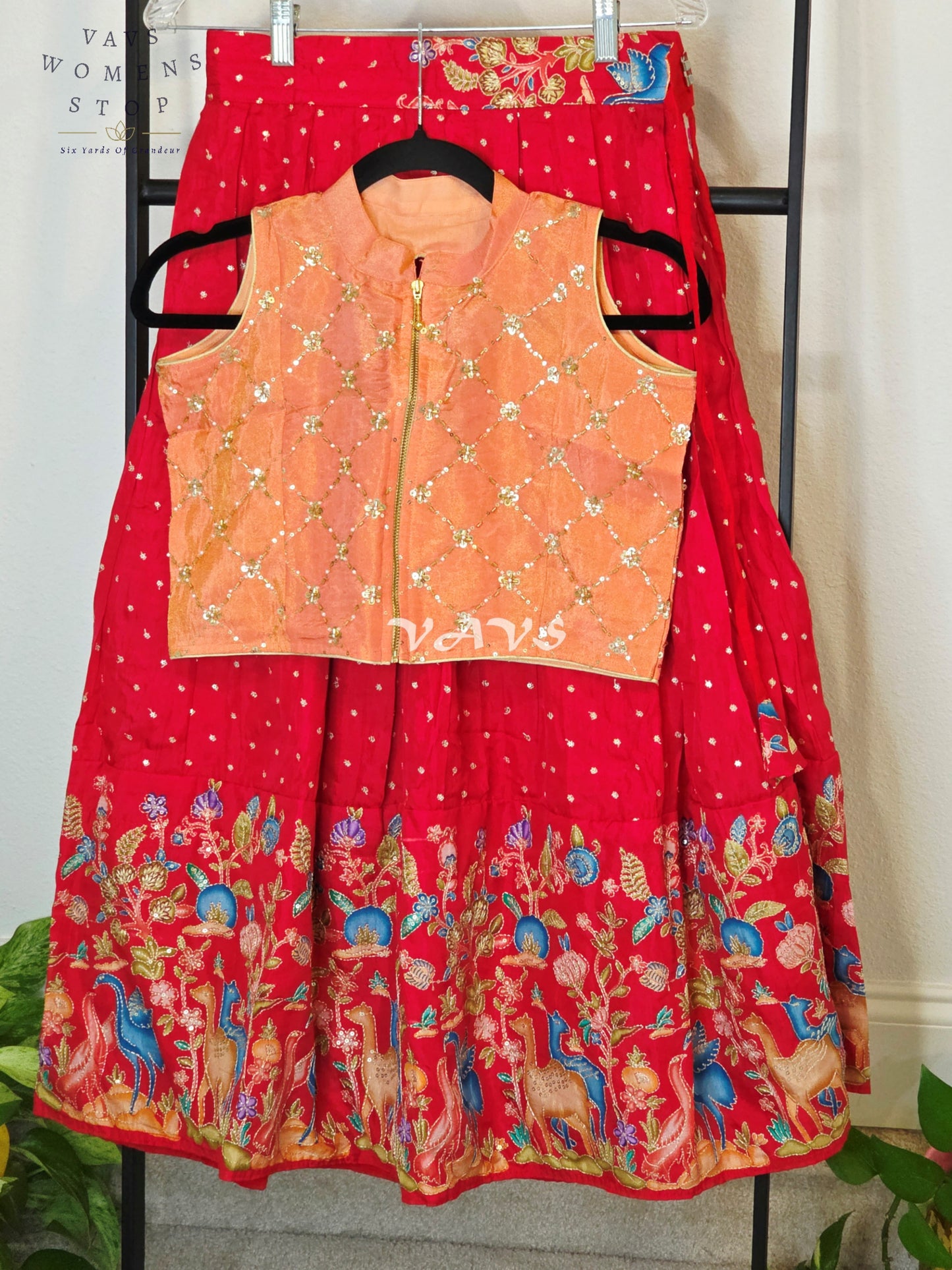 Royal Coral Rose Designer Munga Crepe Silk Animal Motif Embroidered Lehenga with Peach Pink Tissue Crystal Work Sleeveless Crop Top | Girls 8–9 Years