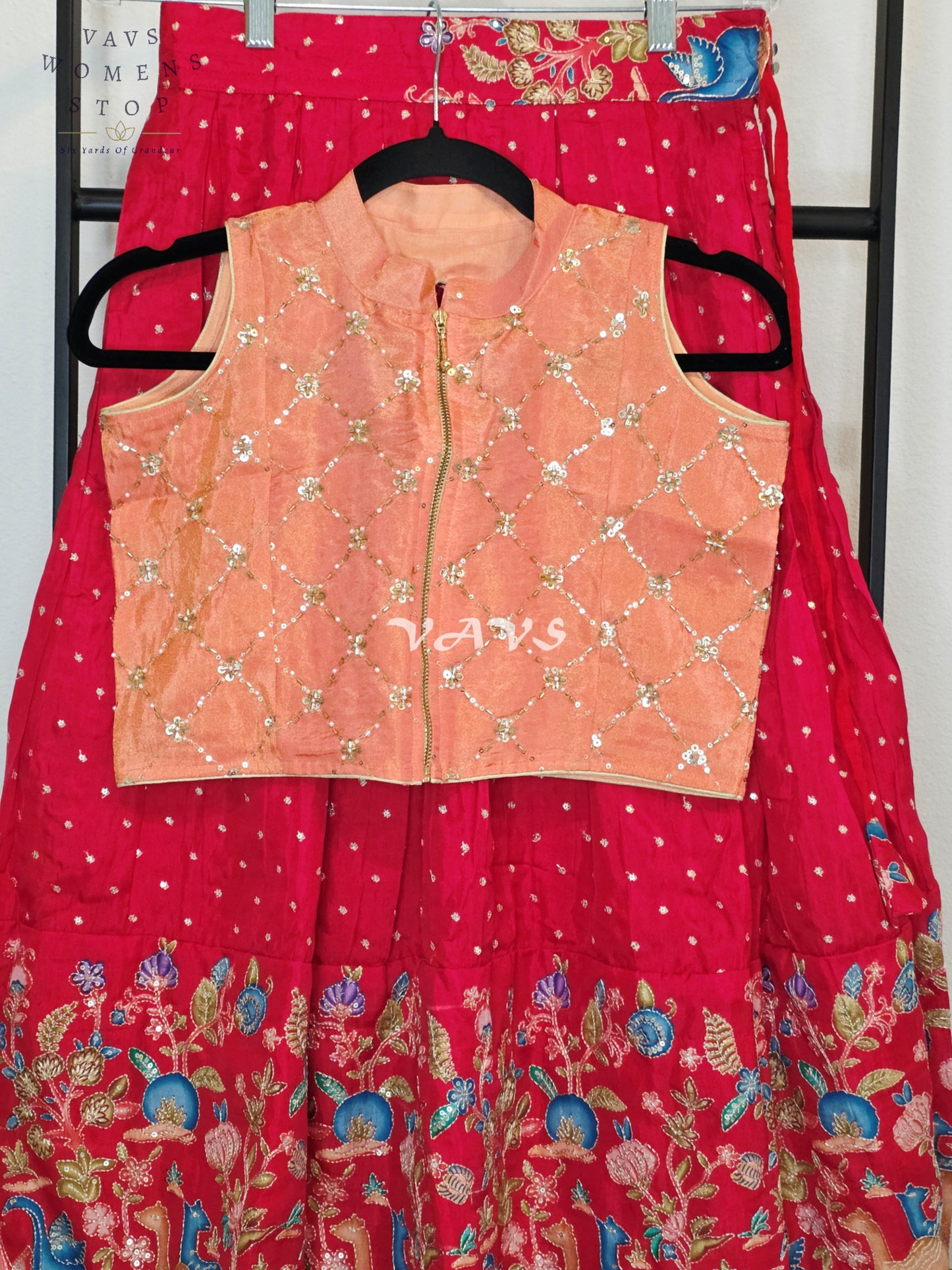 Royal Coral Rose Designer Munga Crepe Silk Animal Motif Embroidered Lehenga with Peach Pink Tissue Crystal Work Sleeveless Crop Top | Girls 8–9 Years
