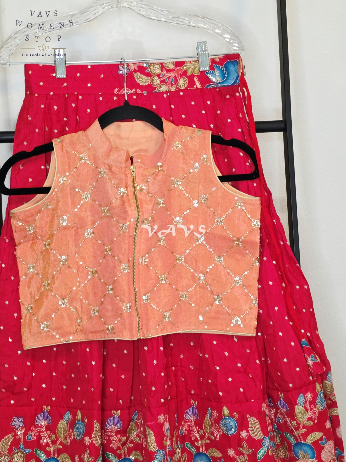 Royal Coral Rose Designer Munga Crepe Silk Animal Motif Embroidered Lehenga with Peach Pink Tissue Crystal Work Sleeveless Crop Top | Girls 8–9 Years