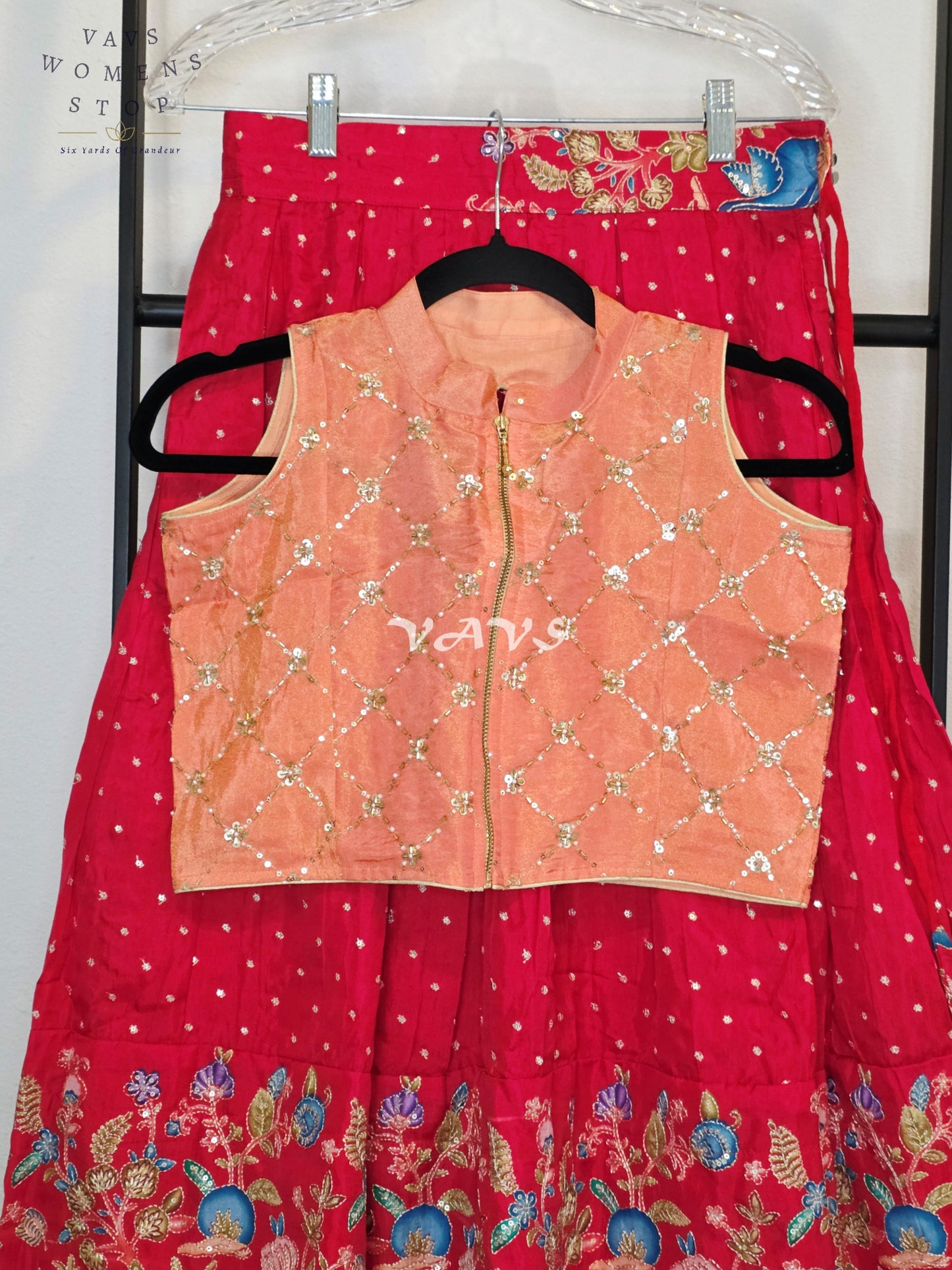 Royal Coral Rose Designer Munga Crepe Silk Animal Motif Embroidered Lehenga with Peach Pink Tissue Crystal Work Sleeveless Crop Top | Girls 8–9 Years