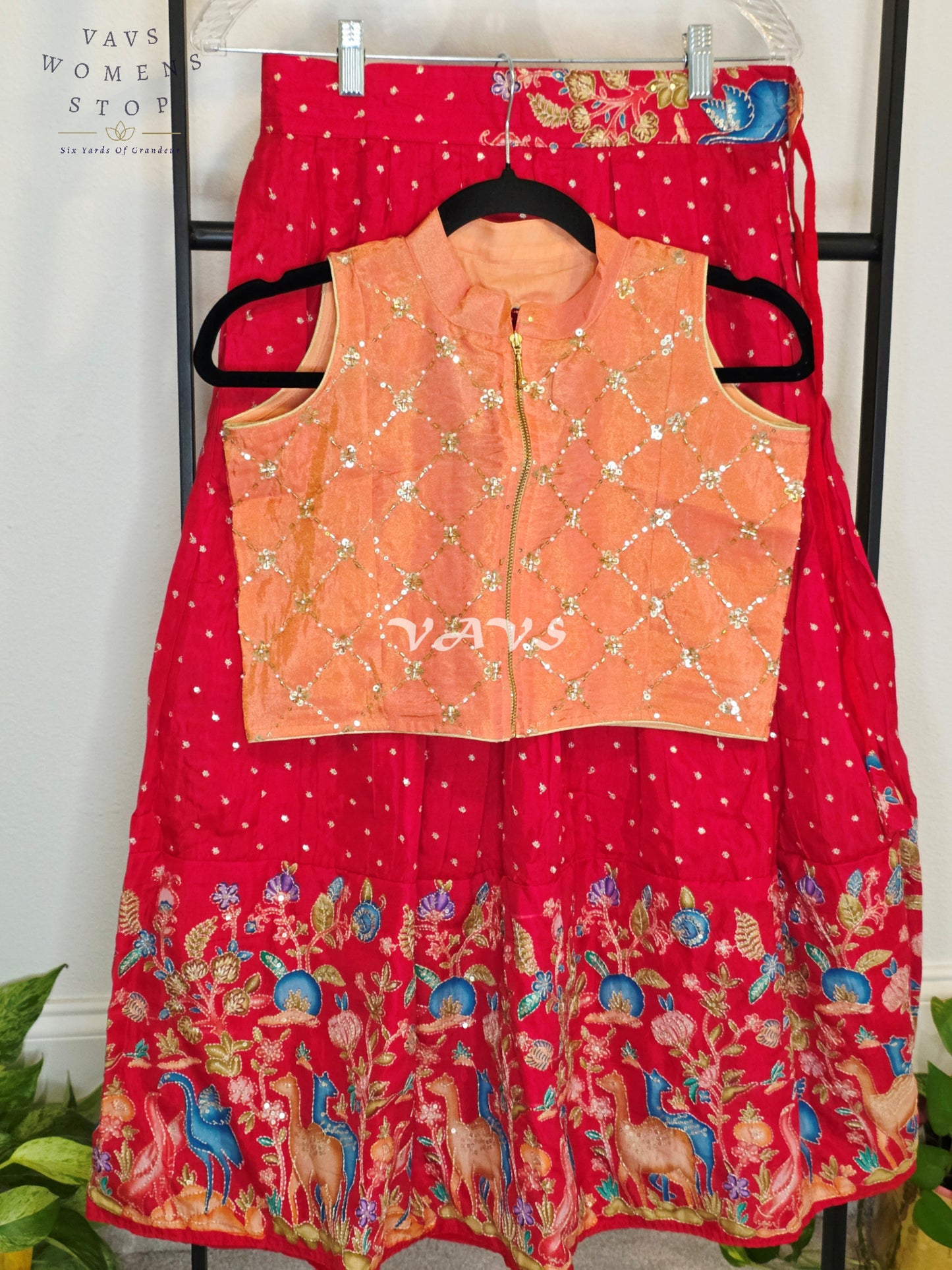 Royal Coral Rose Designer Munga Crepe Silk Animal Motif Embroidered Lehenga with Peach Pink Tissue Crystal Work Sleeveless Crop Top | Girls 8–9 Years