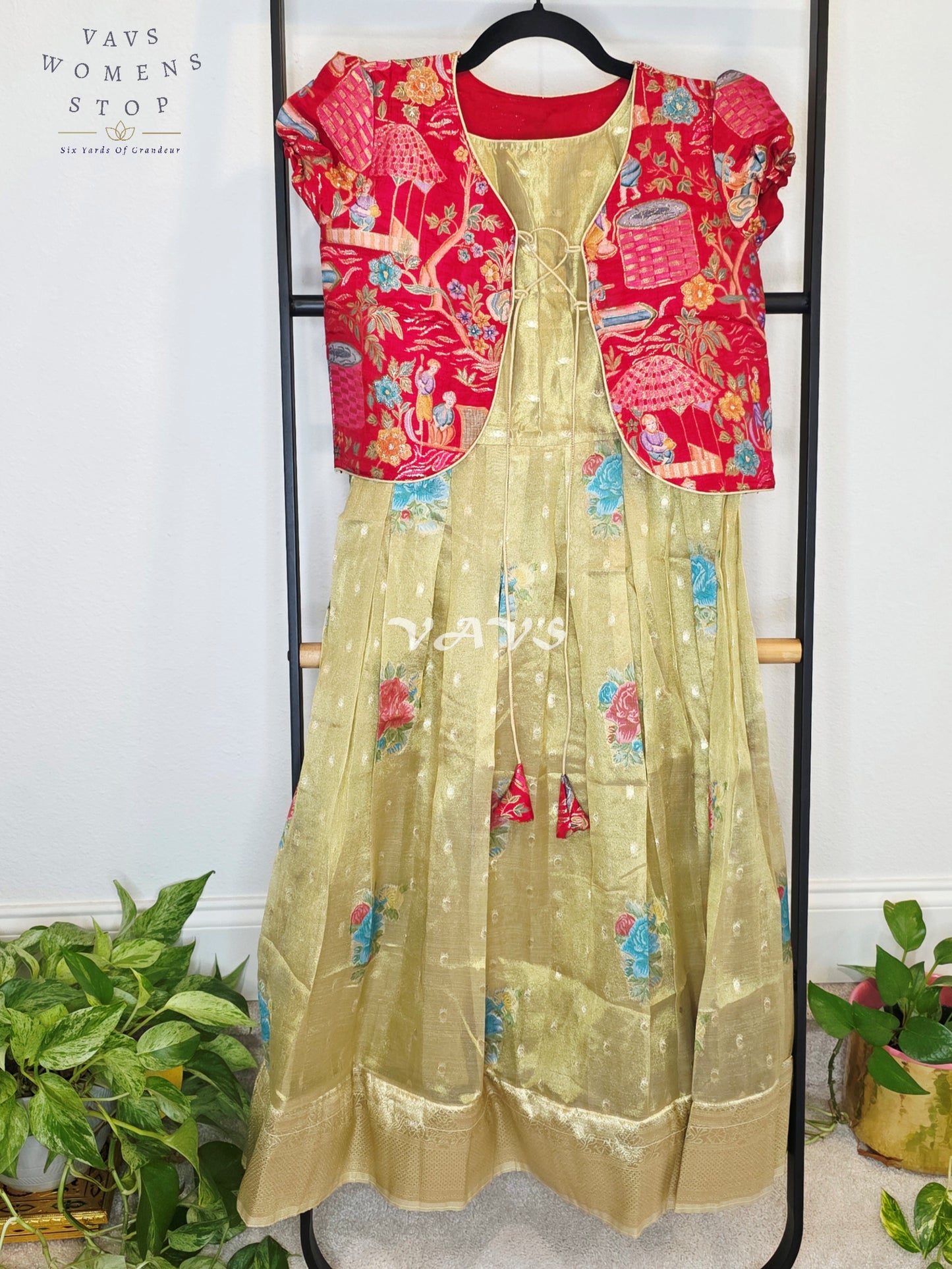 Royal Antique Gold Tissue Floral Butta Woven Long Frock with Crimson Ruby Designer Printed Overcoat Set | Girls 7–8 Years