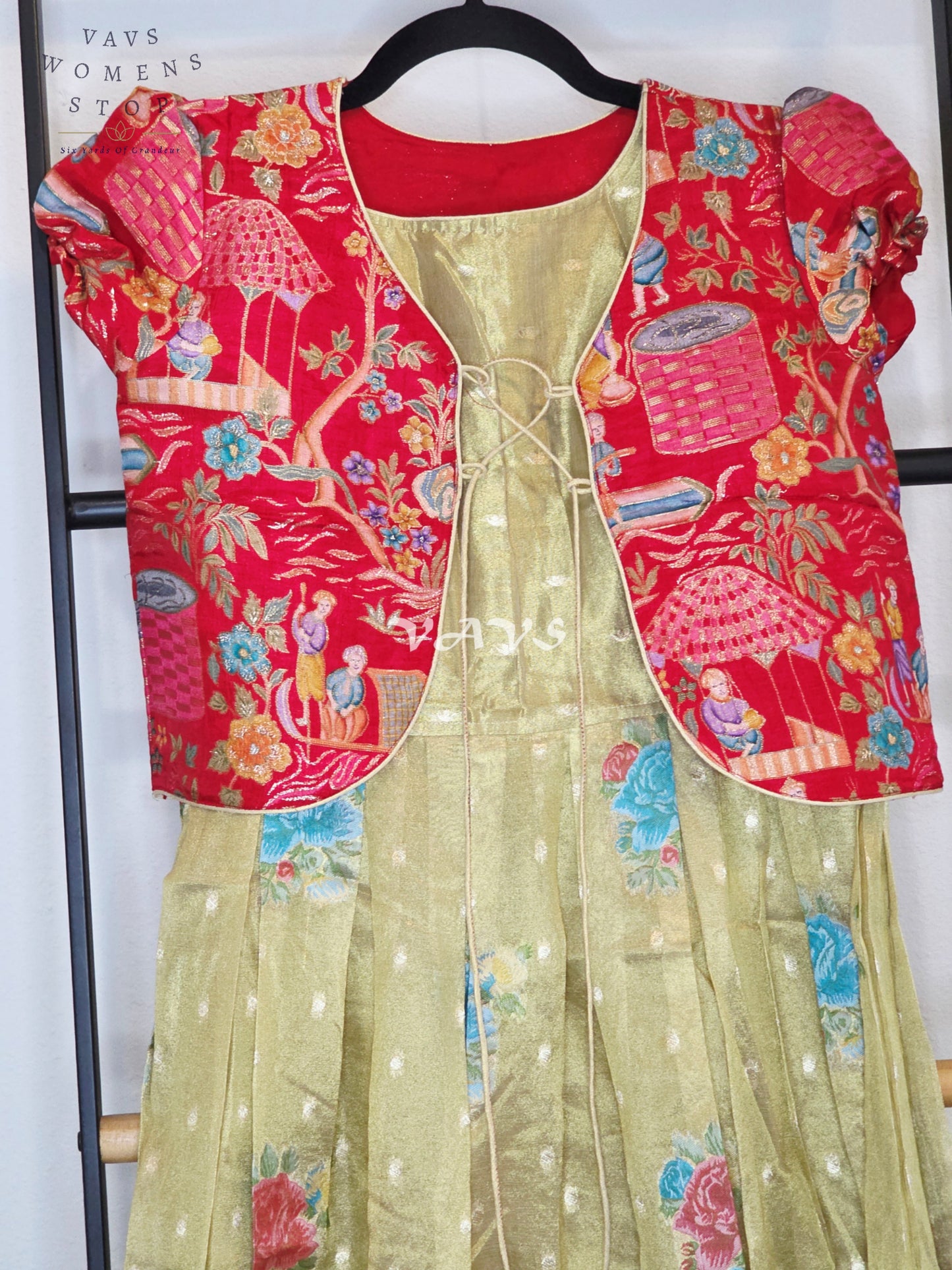 Royal Antique Gold Tissue Floral Butta Woven Long Frock with Crimson Ruby Designer Printed Overcoat Set | Girls 7–8 Years