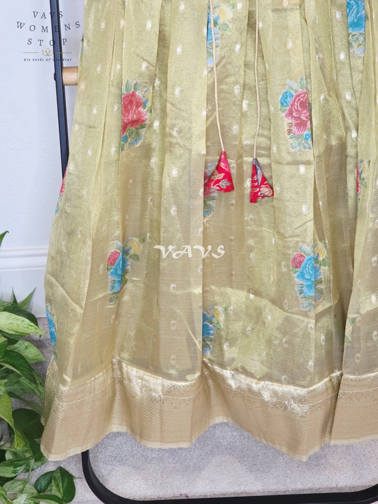 Royal Antique Gold Tissue Floral Butta Woven Long Frock with Crimson Ruby Designer Printed Overcoat Set | Girls 7–8 Years